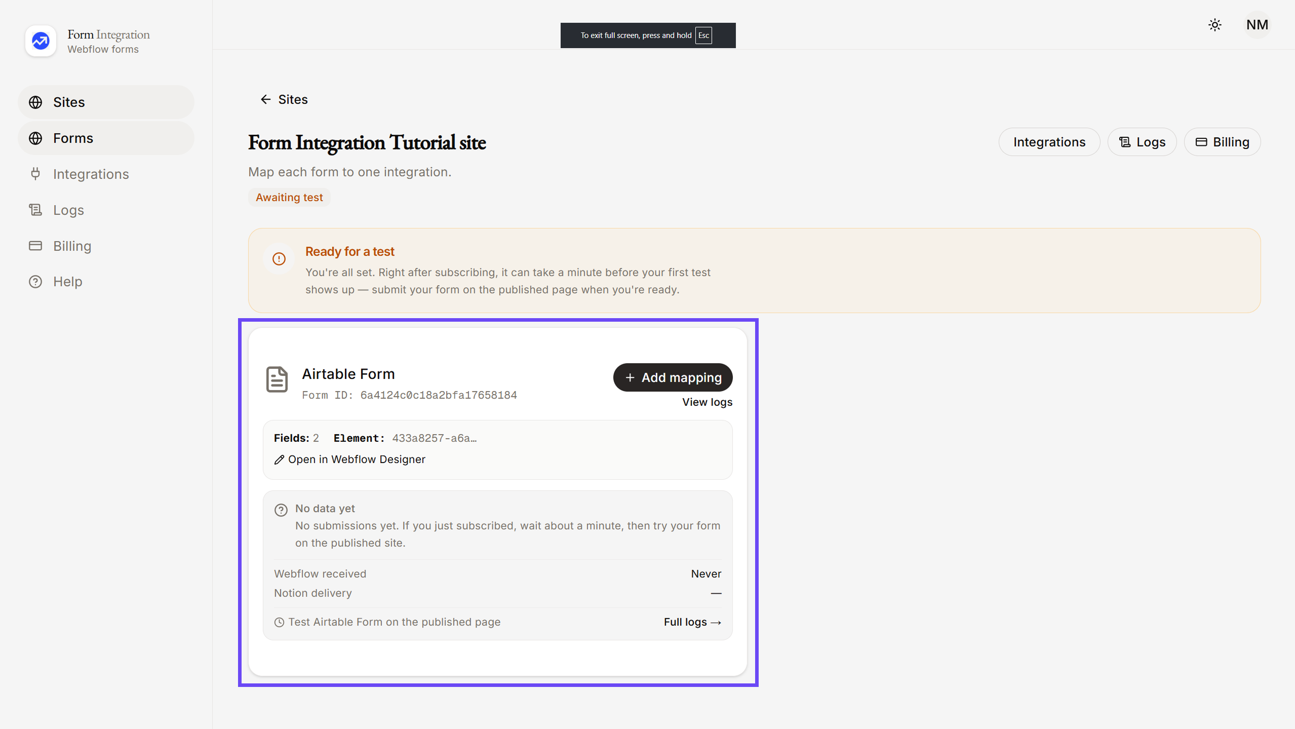 Selecting Airtable Form in App Dashboard