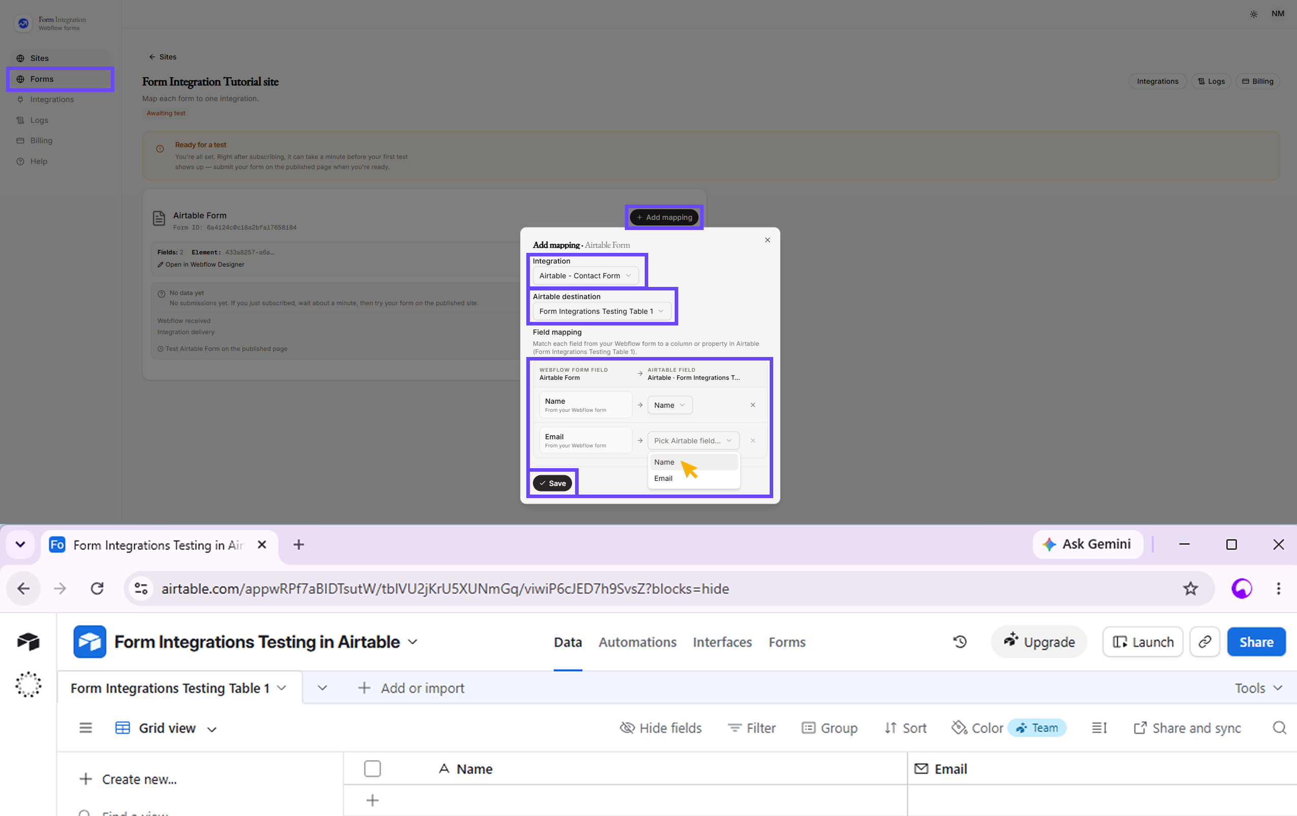 Integration Airtable mapping window