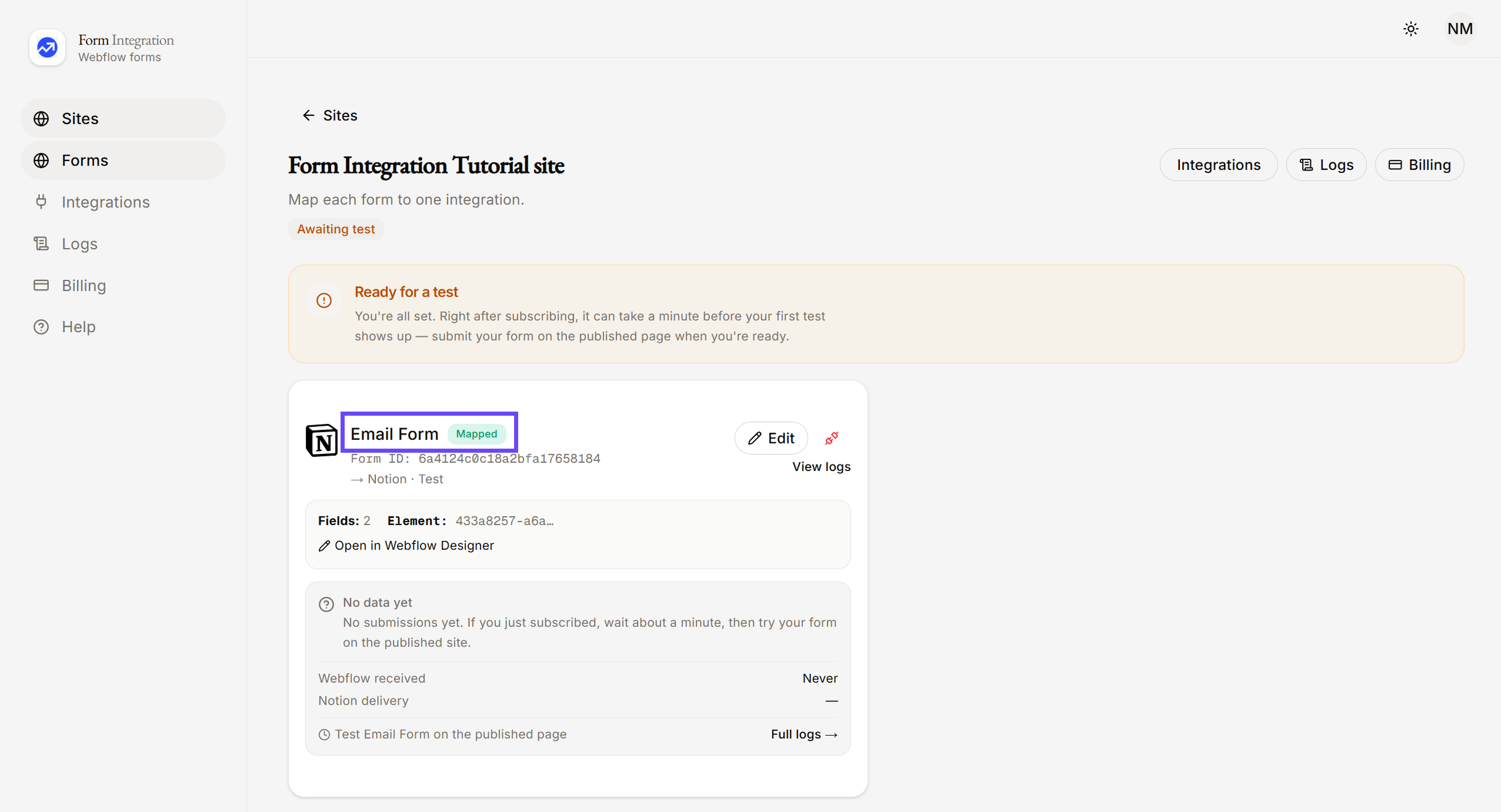 App Dashboard showing a Form