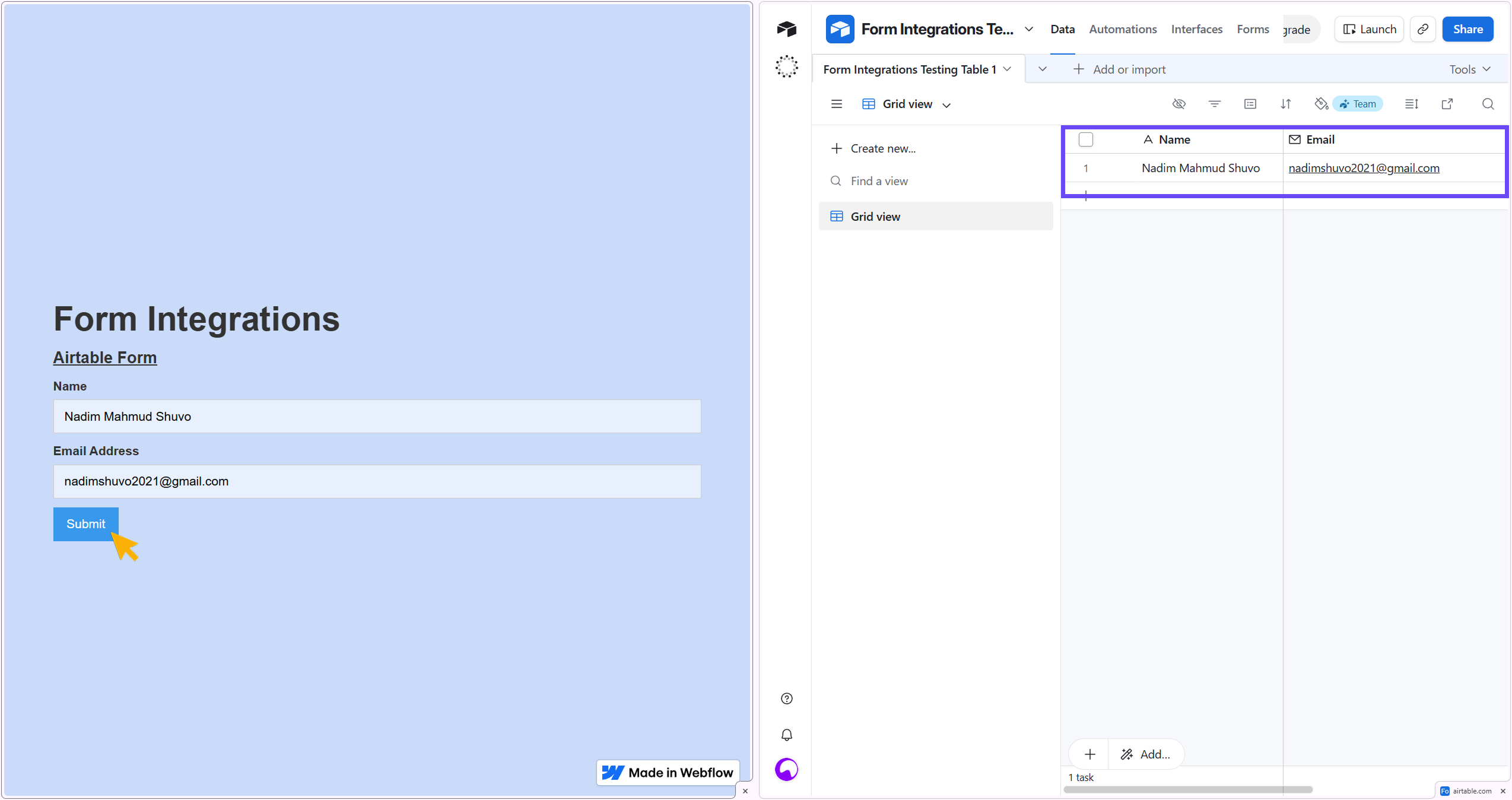 Showing data transfer from webflow published site to Airtable database