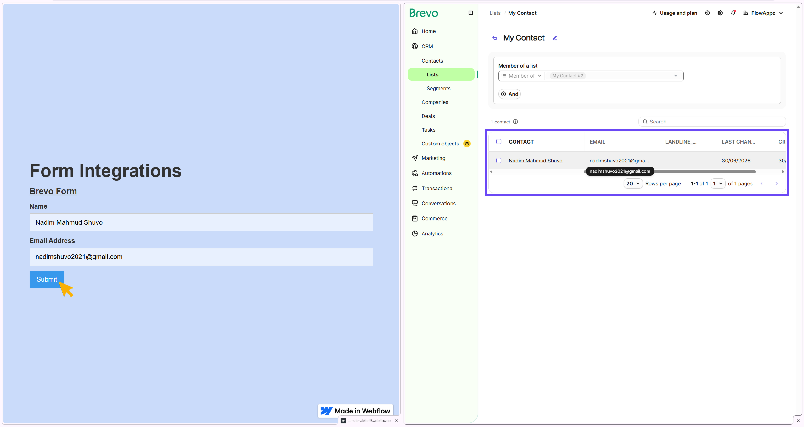Showing data transfer from webflow published site to brevo contacts lists