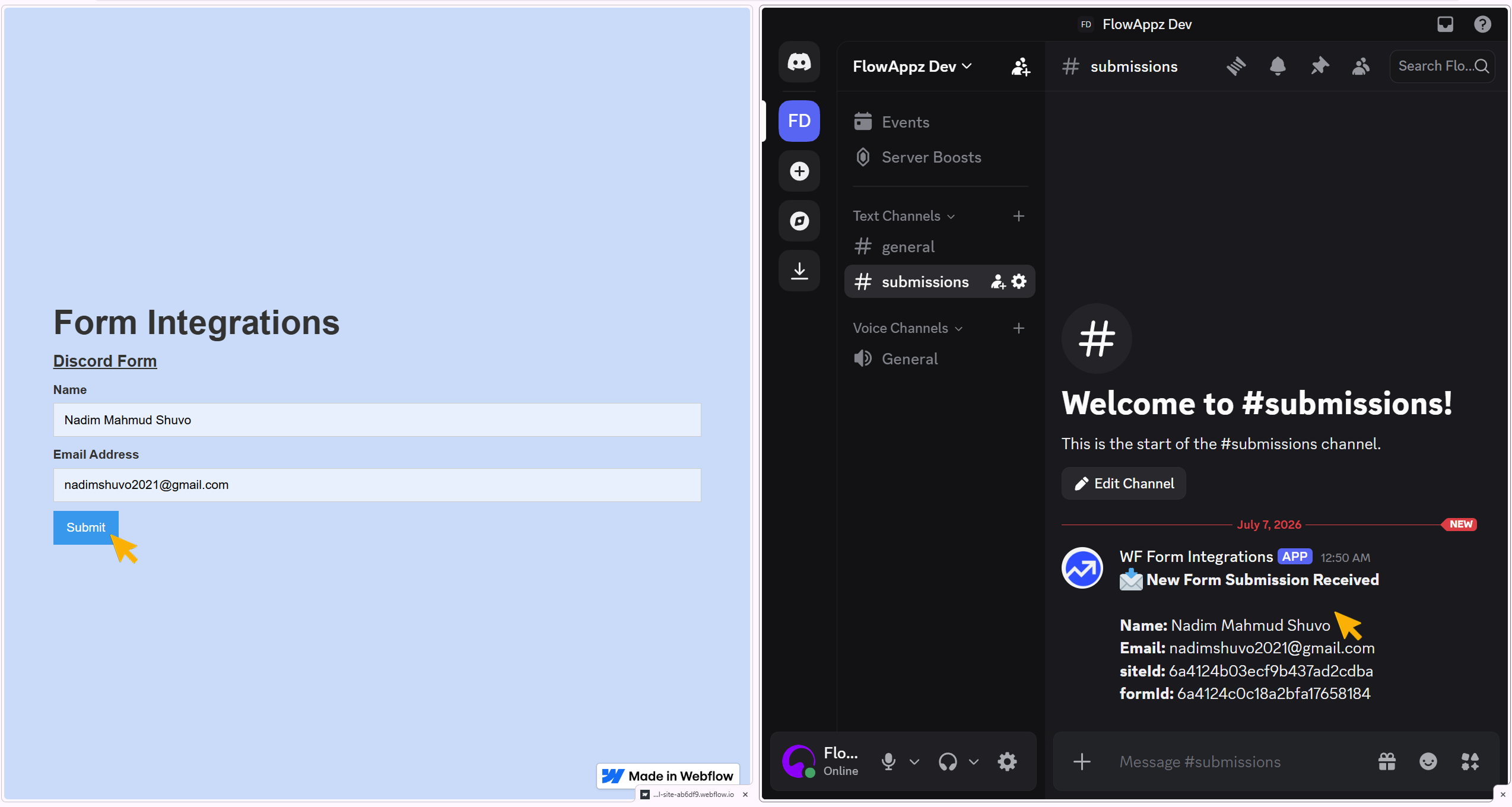 Showing data transfer from webflow published site to Discord database
