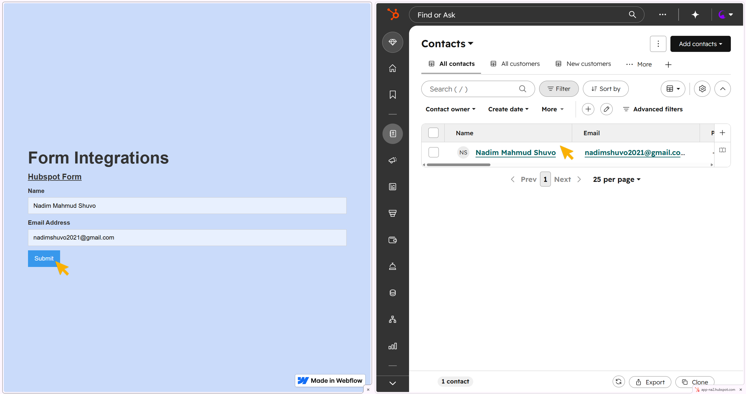 Showing data transfer from webflow published site to Hubspot database