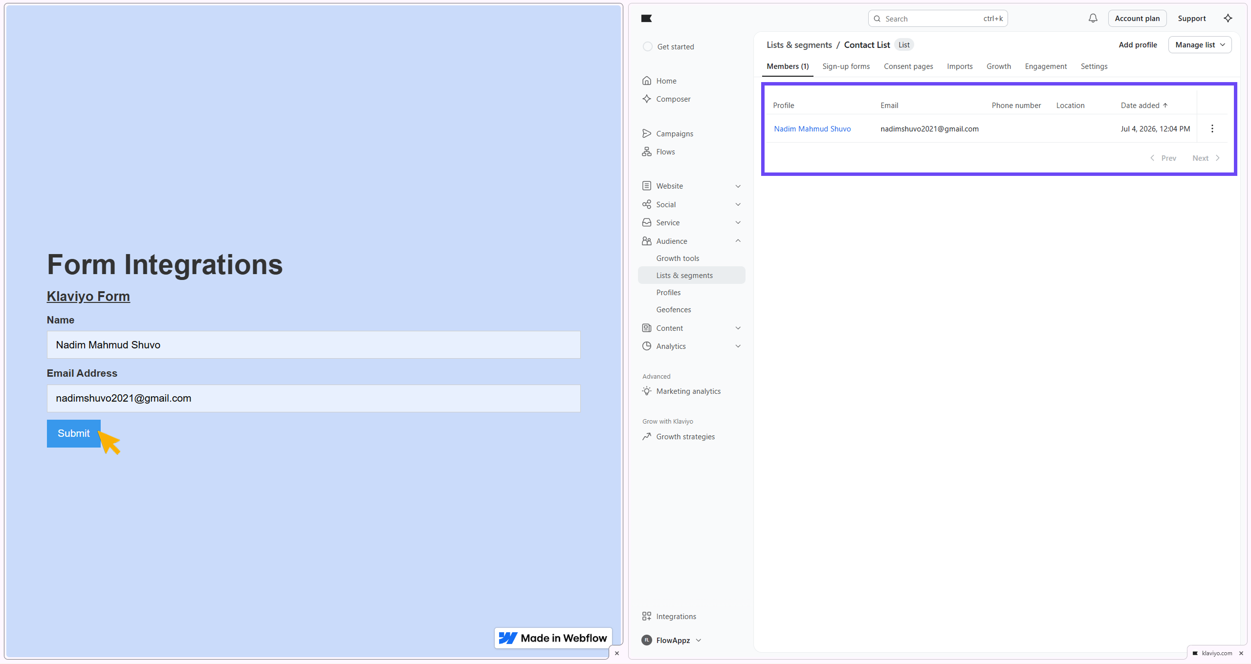 Showing data transfer from webflow published site to Klaviyo Audience