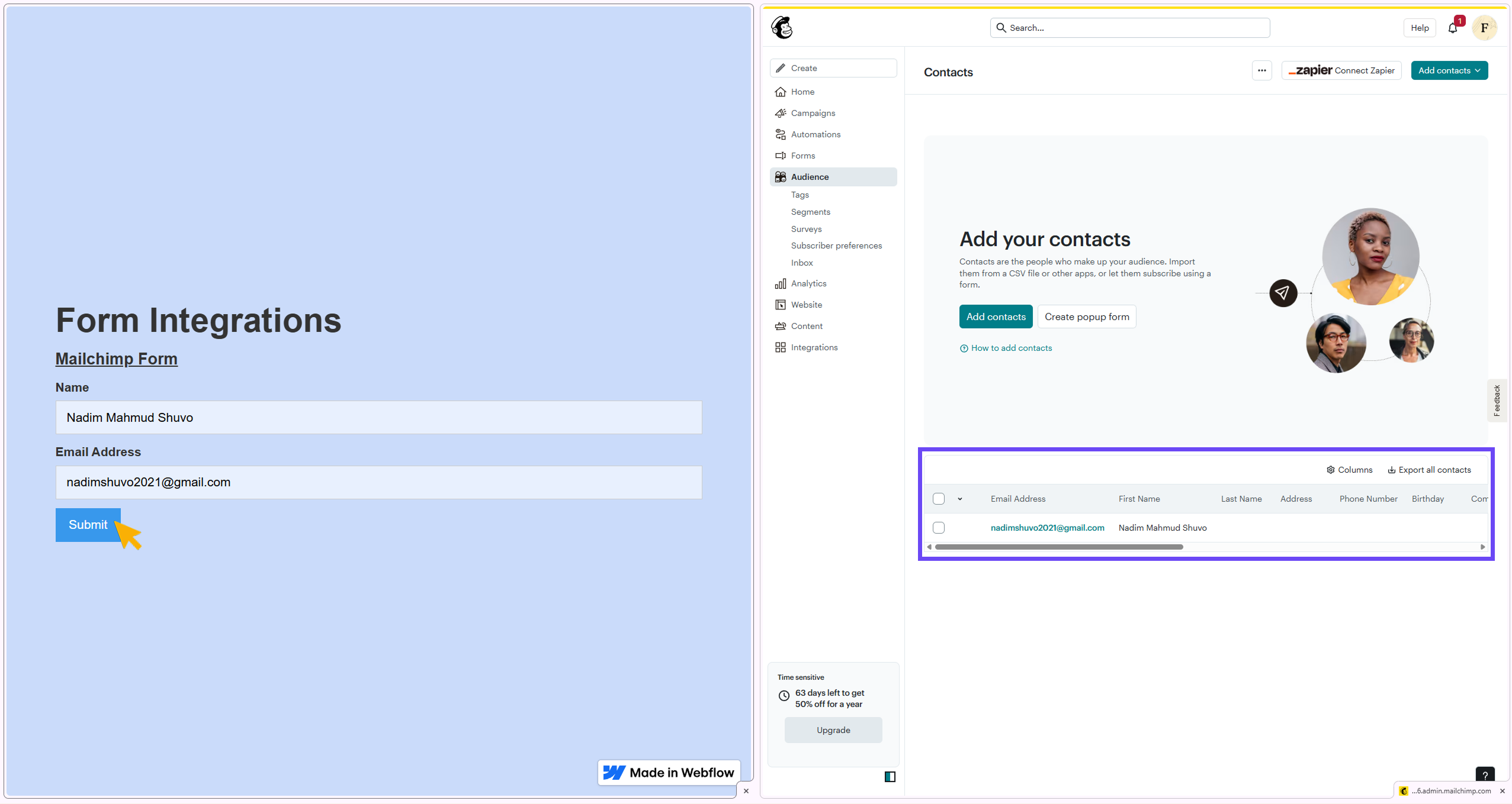 Showing data transfer from webflow published site to Mailchimp Audience