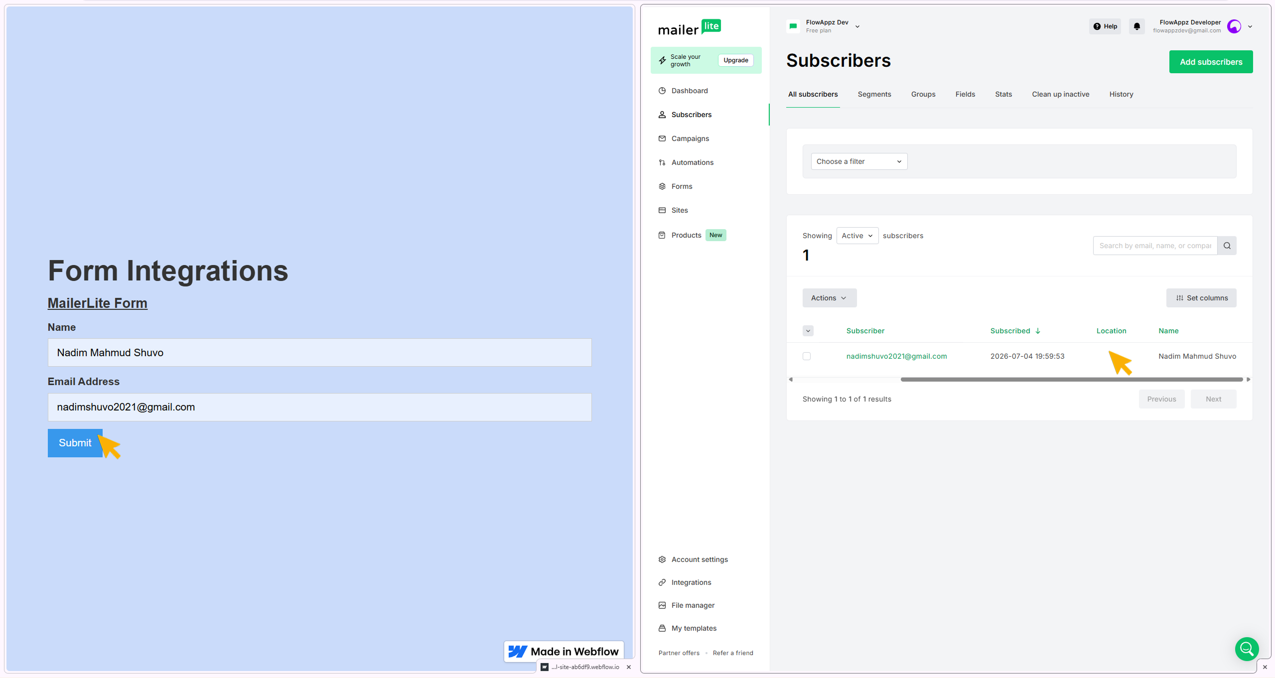 Showing data transfer from webflow published site to MailerLite Subscribers