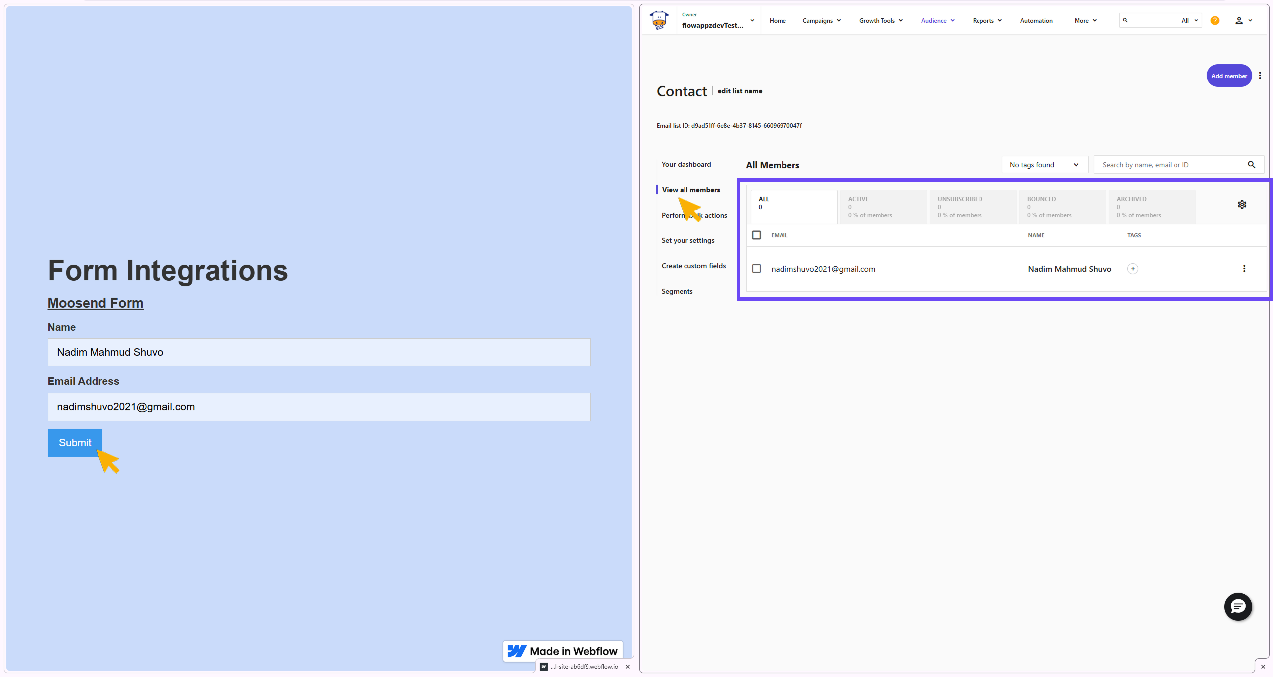 Showing data transfer from webflow published site to Moosend Audience -> Email lists