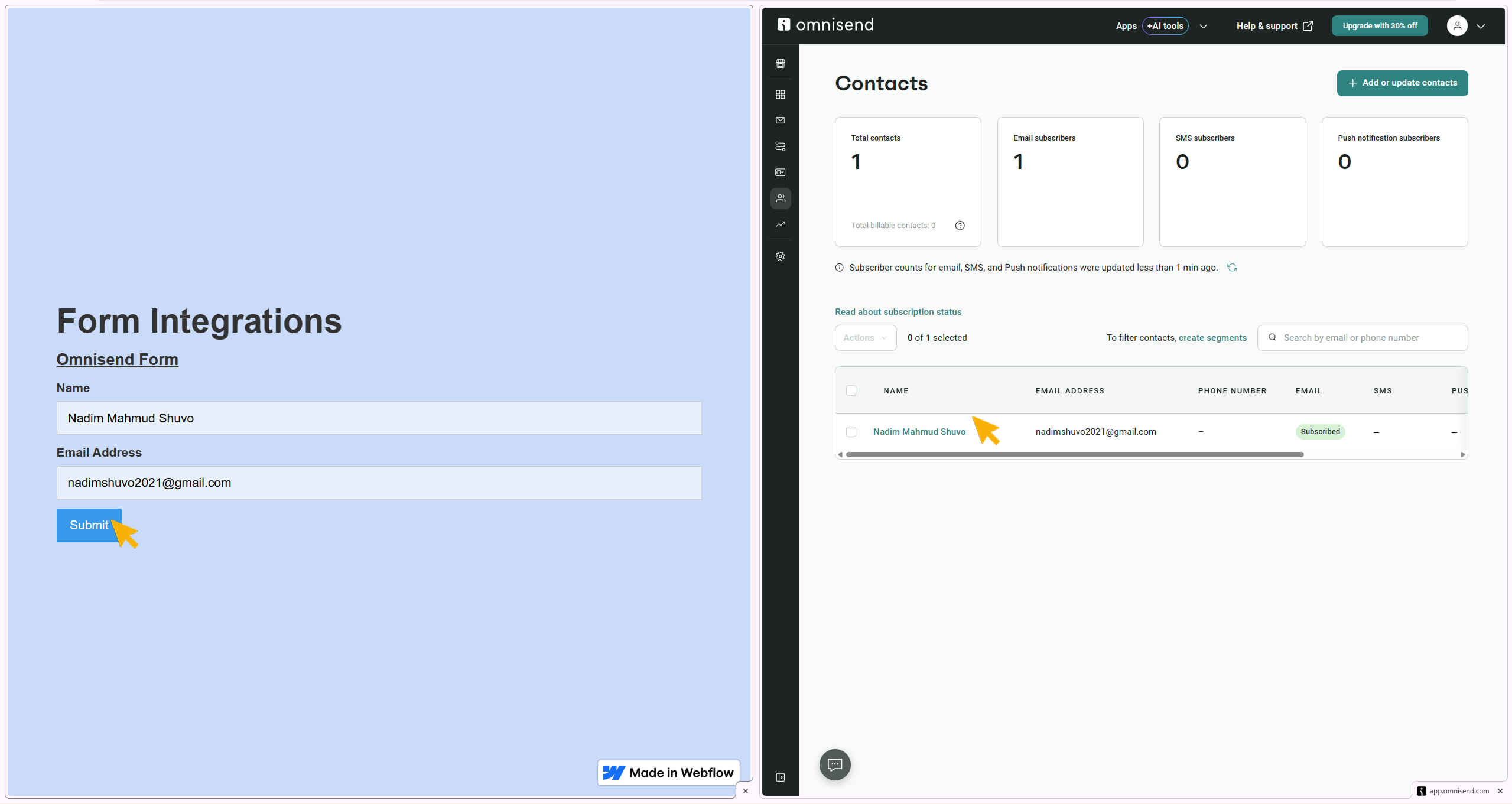 Showing data transfer from webflow published site to Omnisend contacts lists
