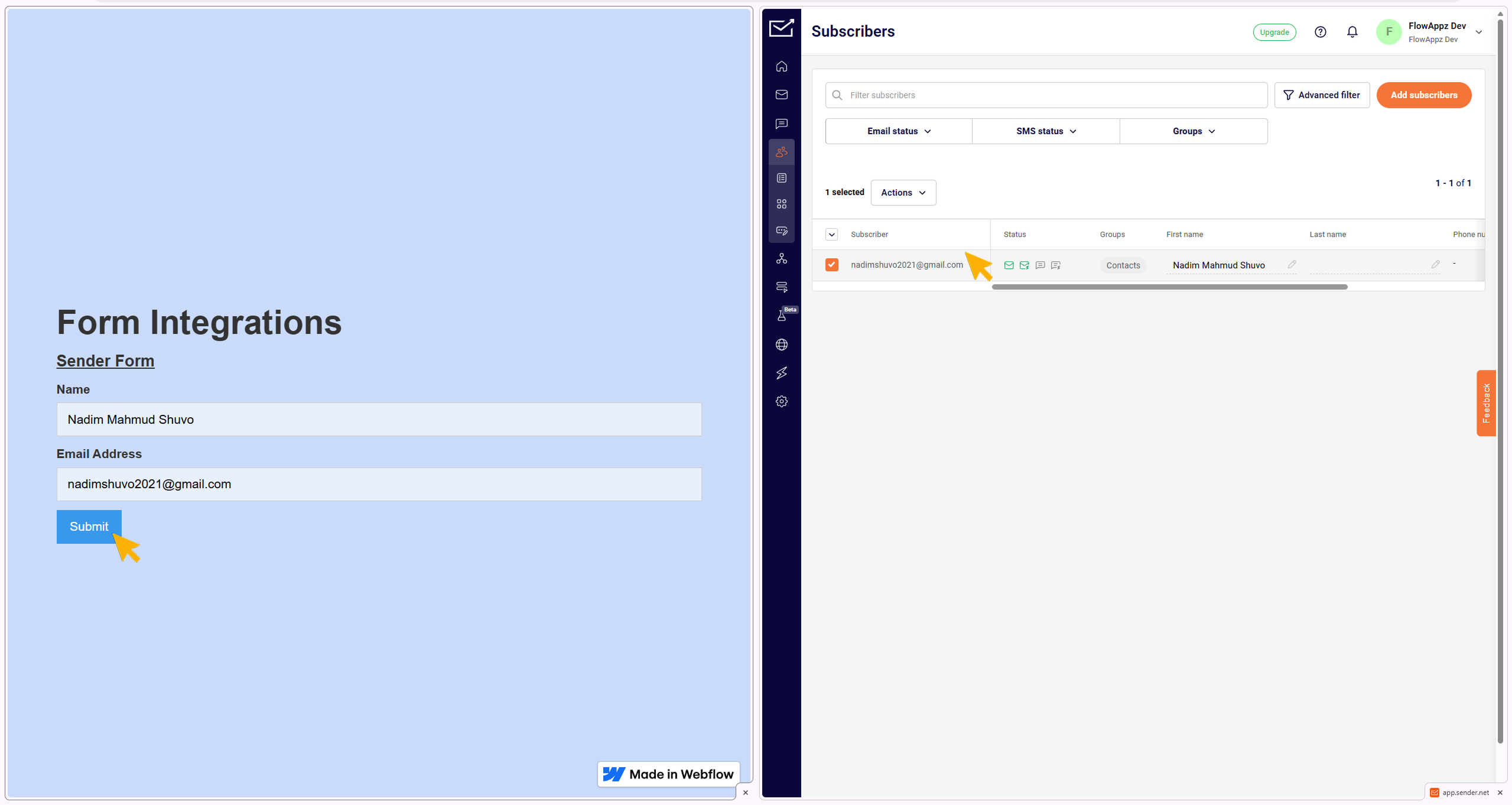 Showing data transfer from webflow published site to Sender contacts lists