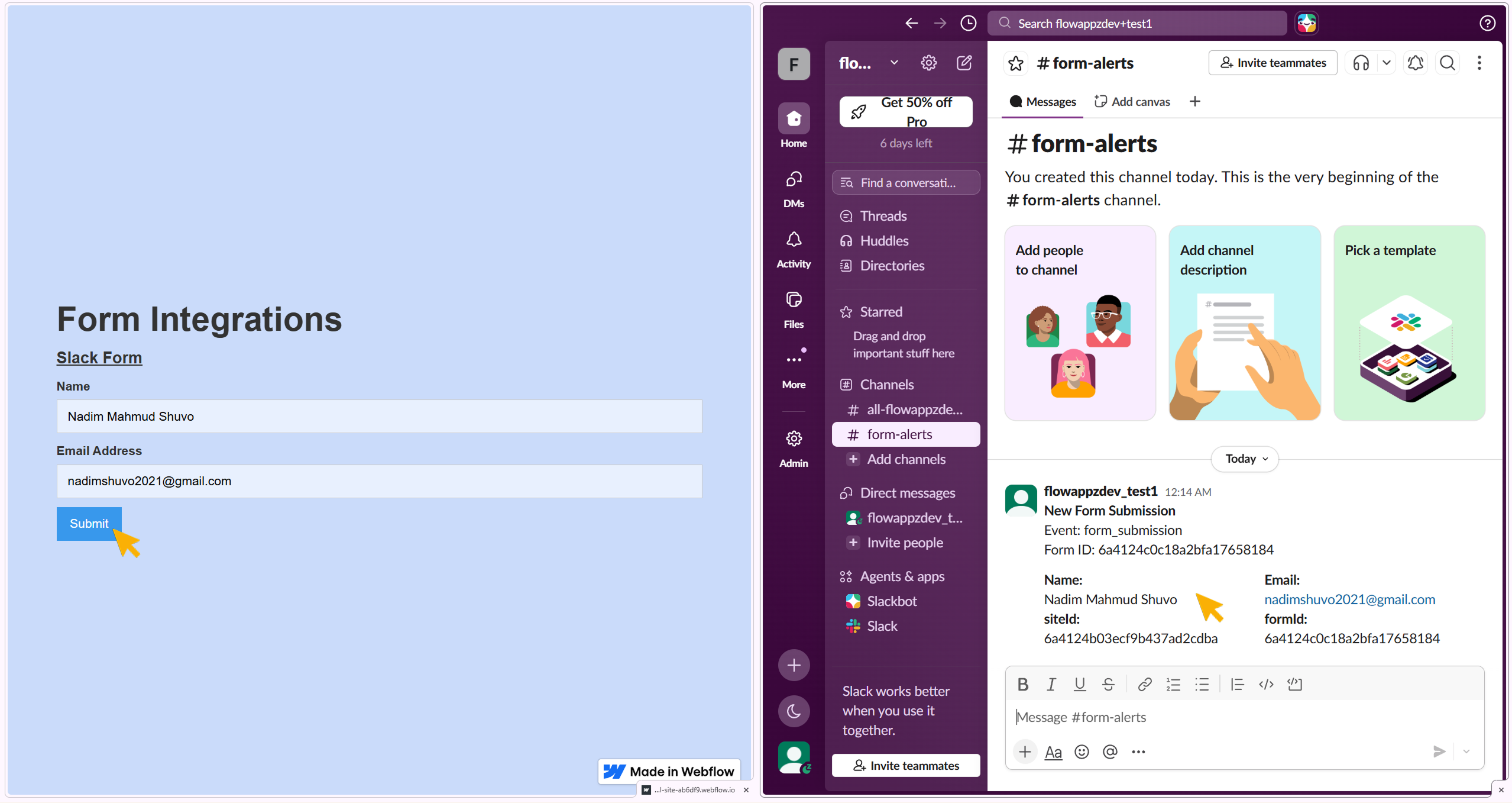 Showing data transfer from webflow published site to Slack database