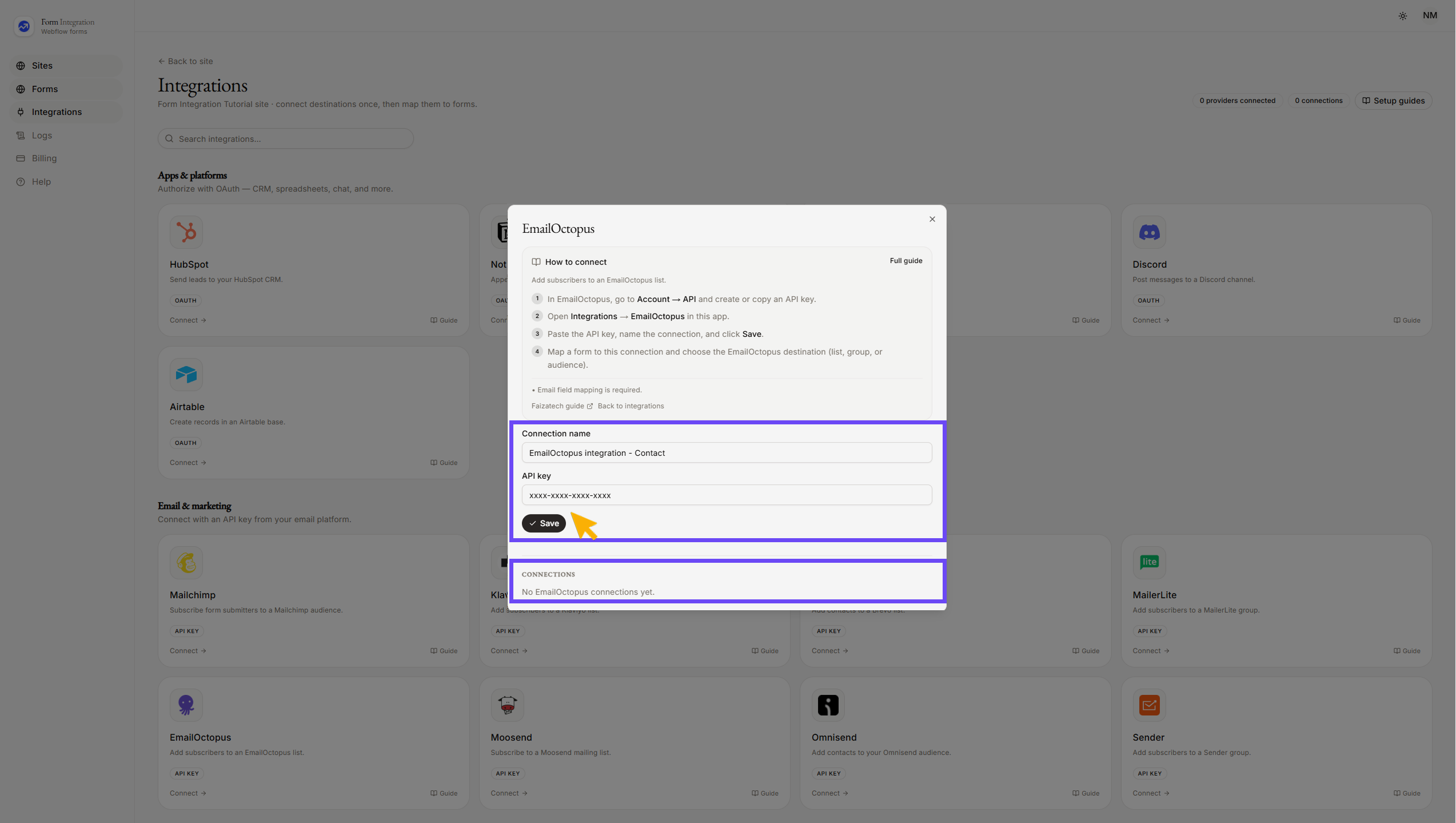 Integration EmailOctopus popup window