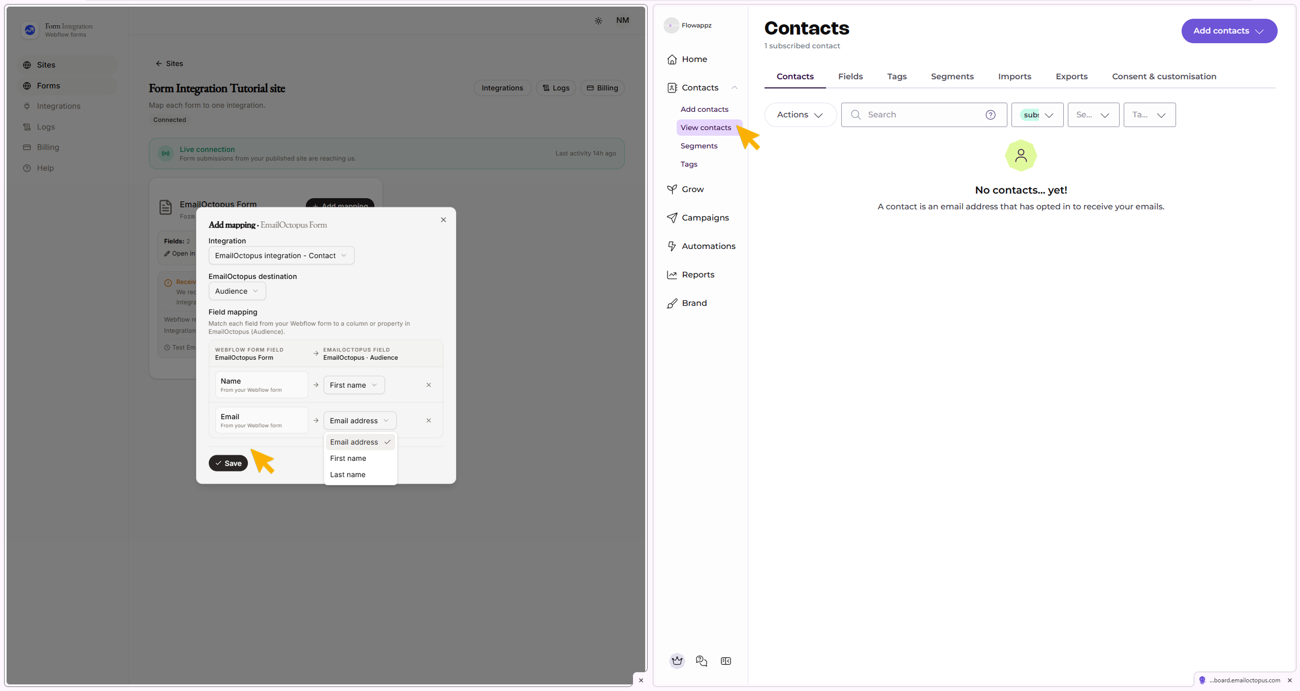 Integration EmailOctopus mapping window