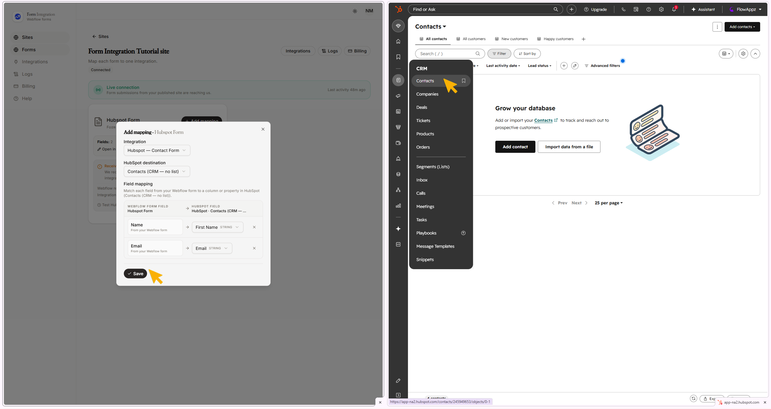 Integration Hubspot mapping window