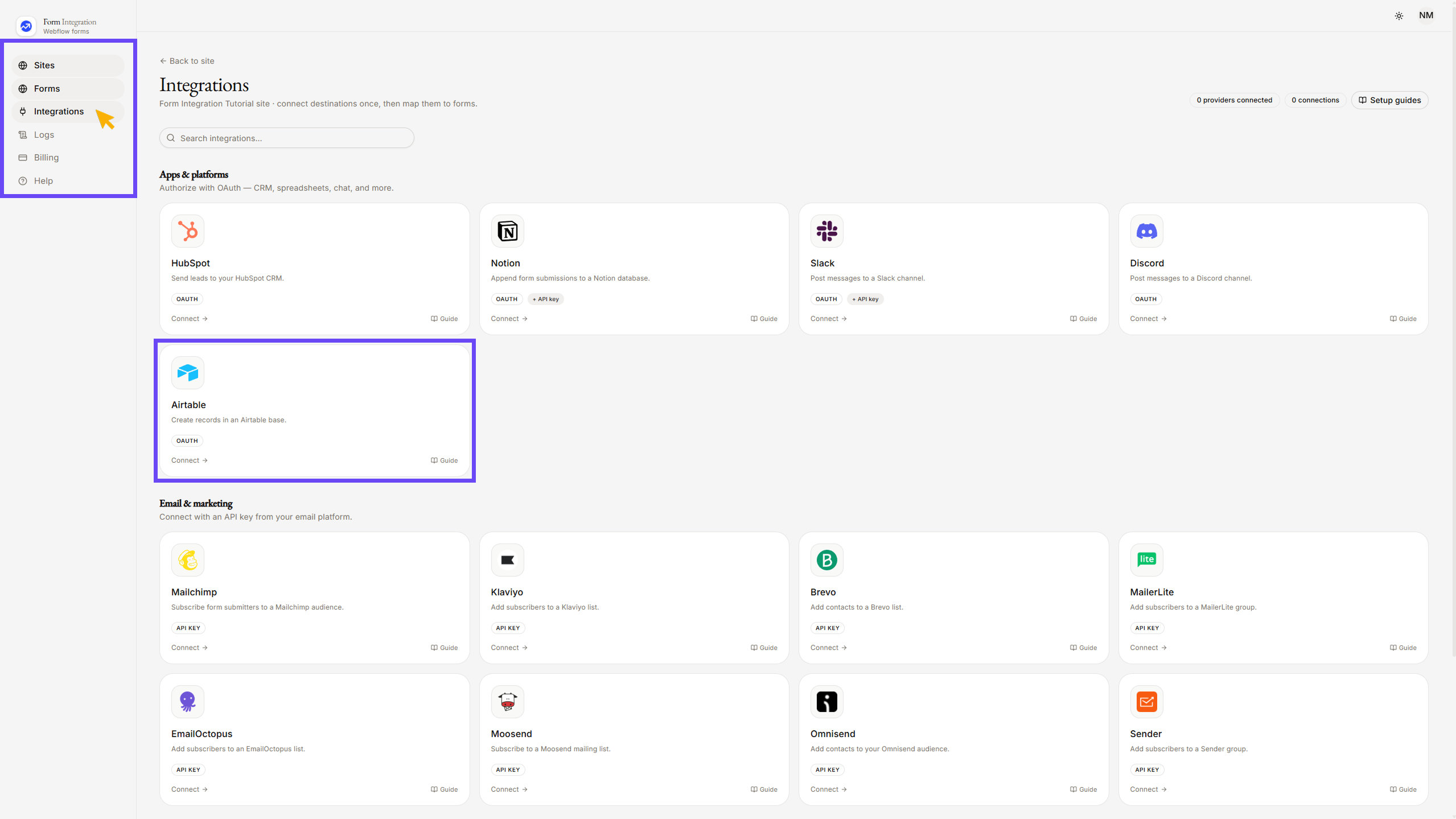 On Integration menu selecting Airtable