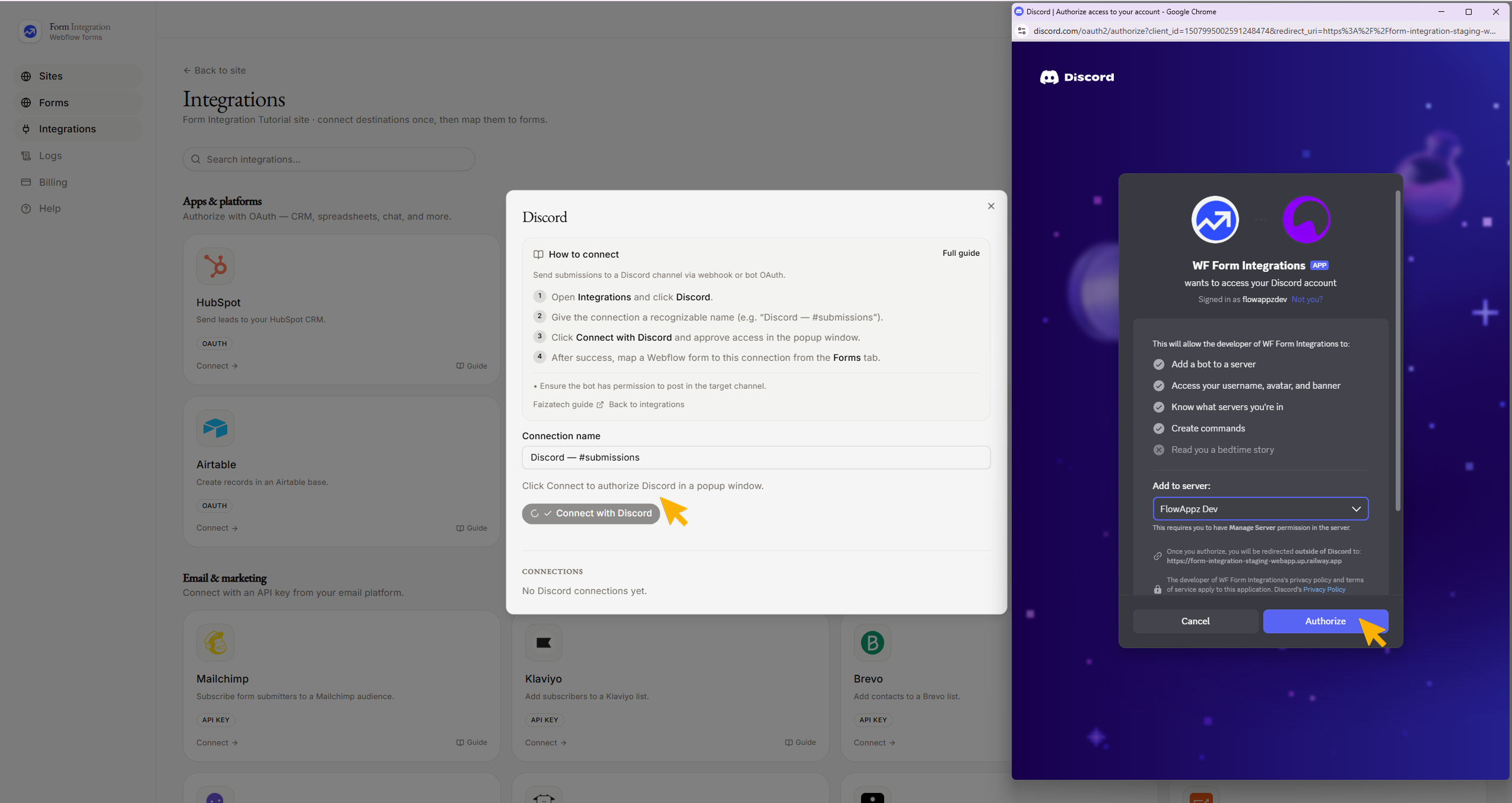 Integration Discord popup window