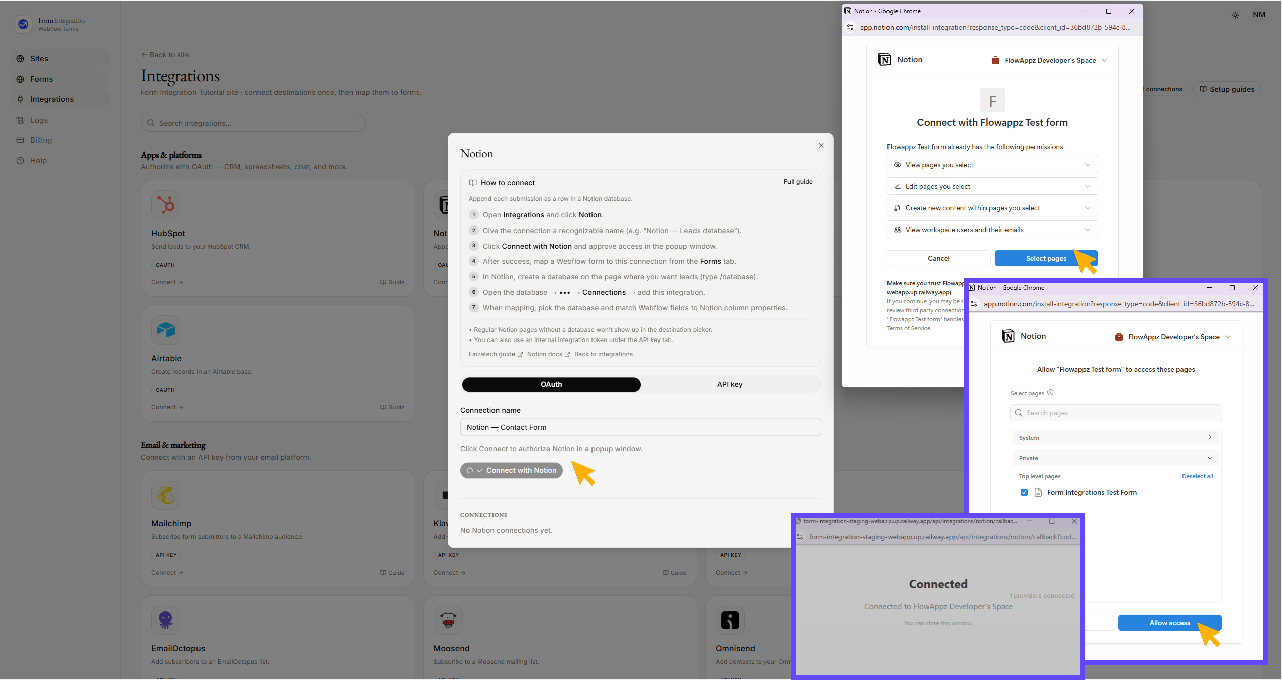 Integration Notion popup window
