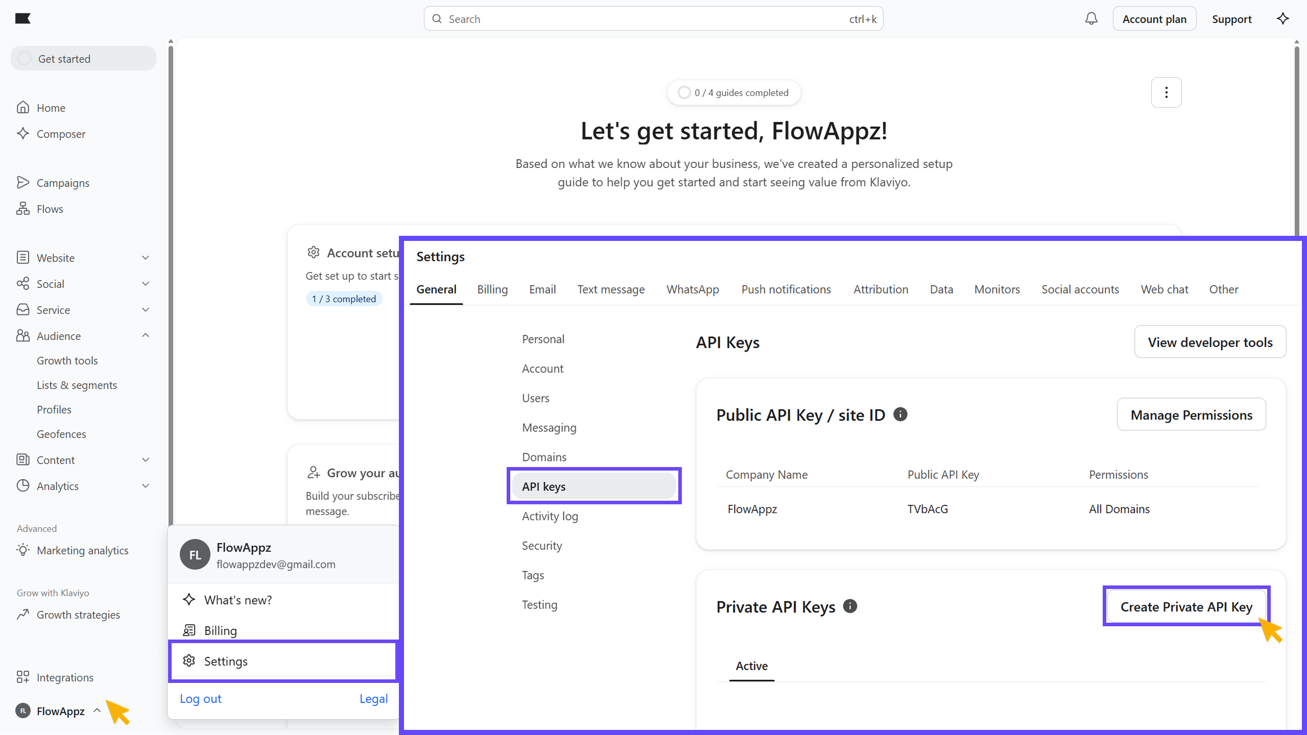 Generating an API key in Klaviyo