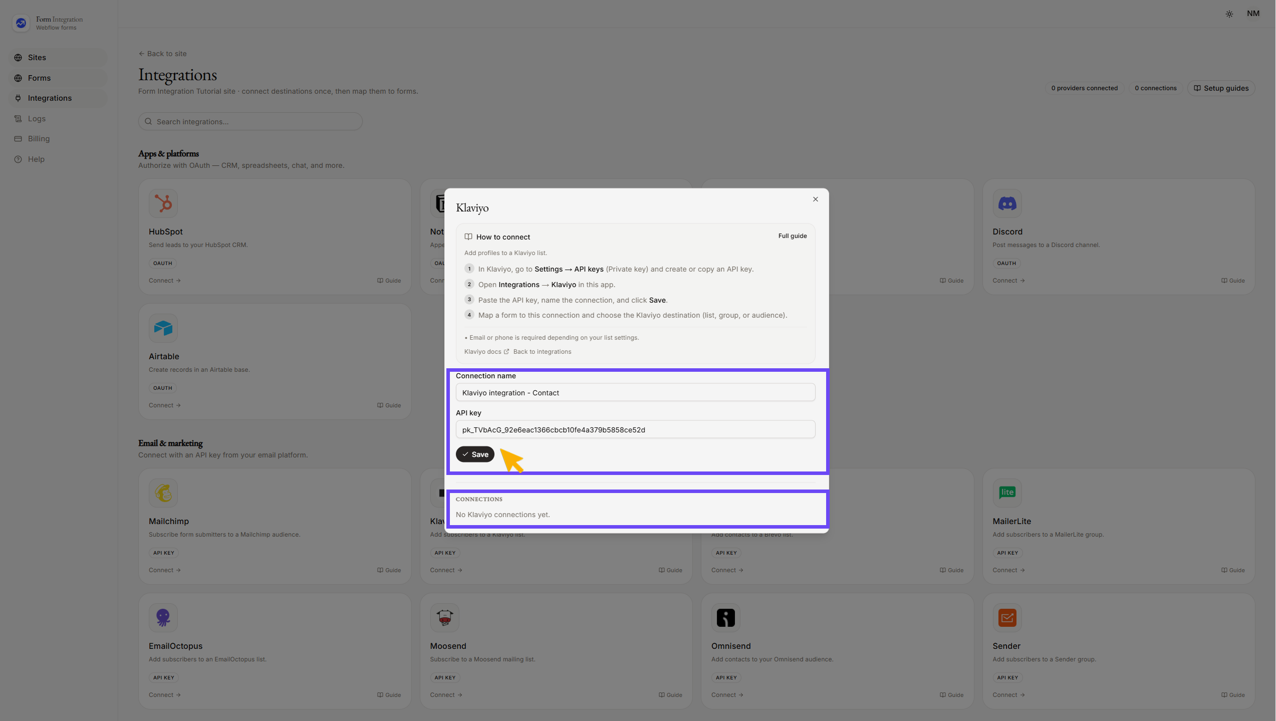 Integration Klaviyo popup window