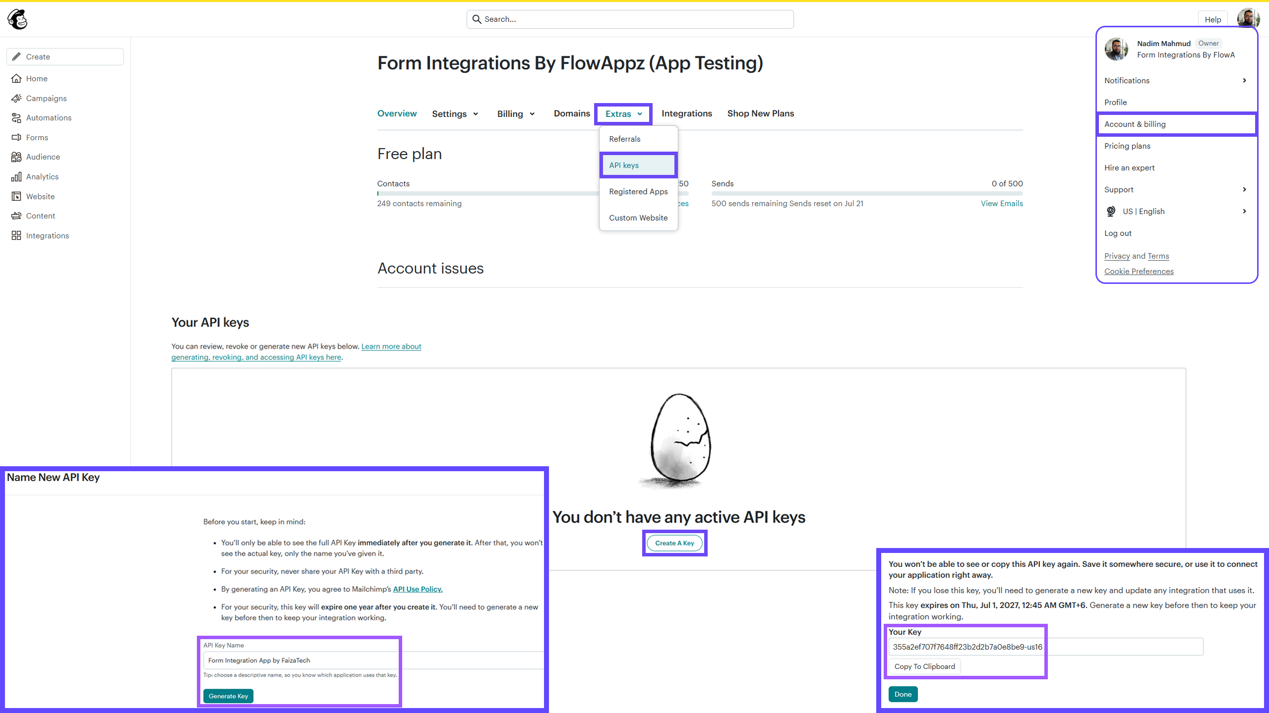 Generating an API key in Mailchimp