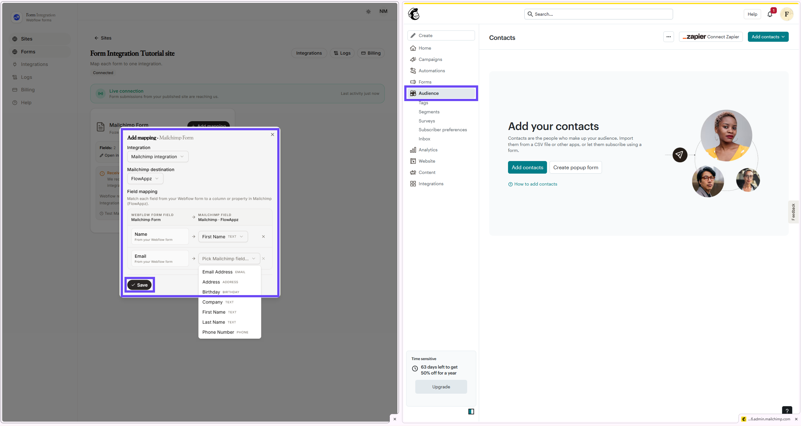 Integration Mailchimp mapping window