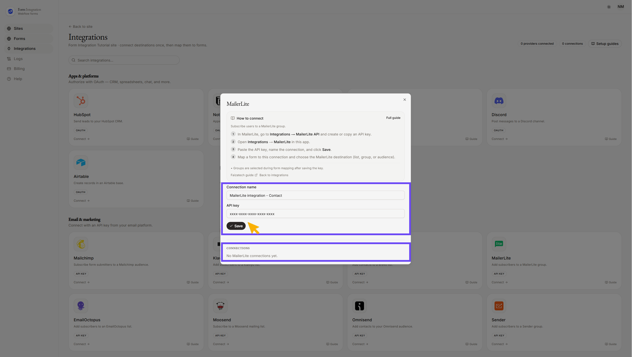 Integration MailerLite popup window
