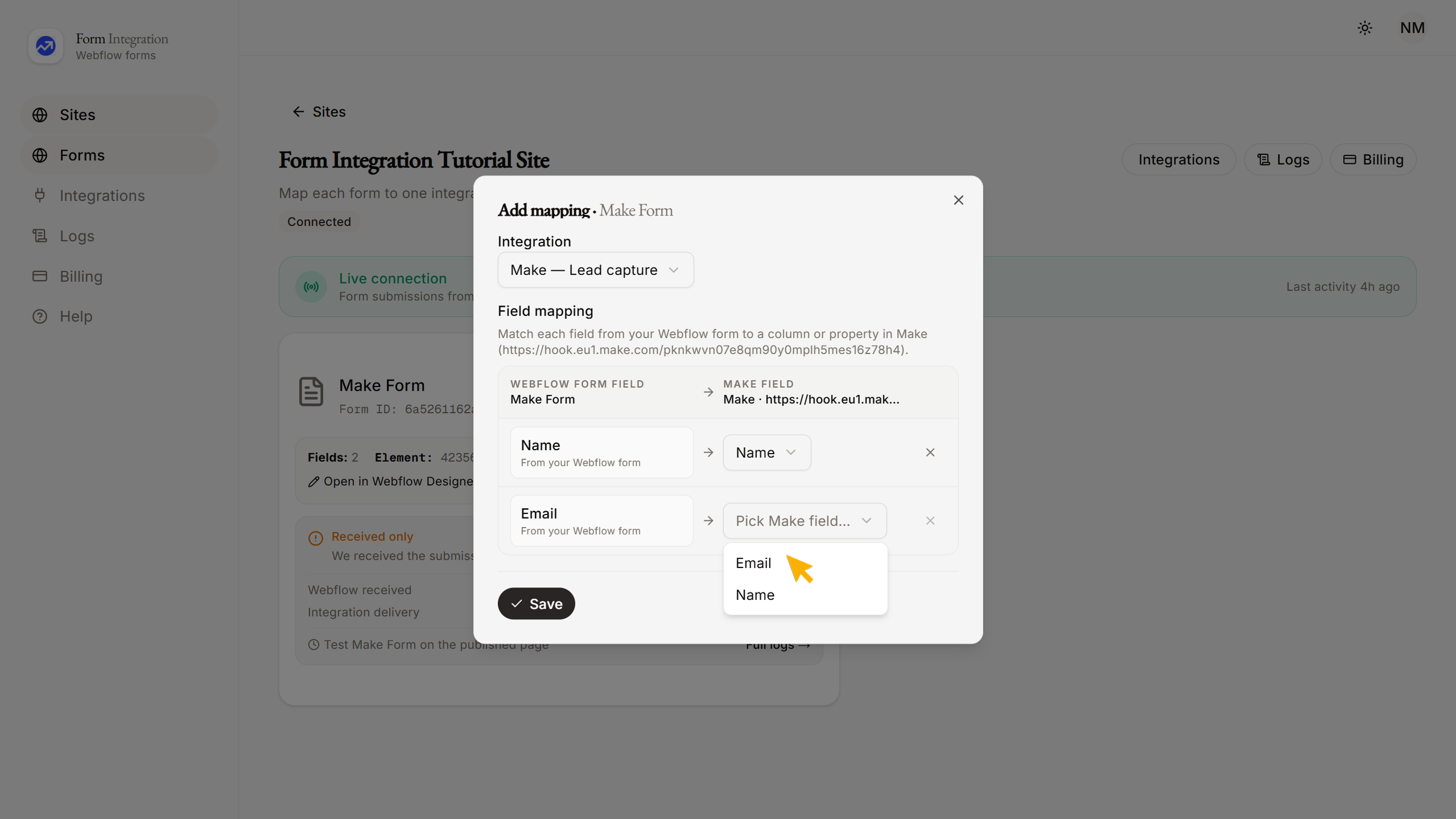 Integration Webhook mapping window