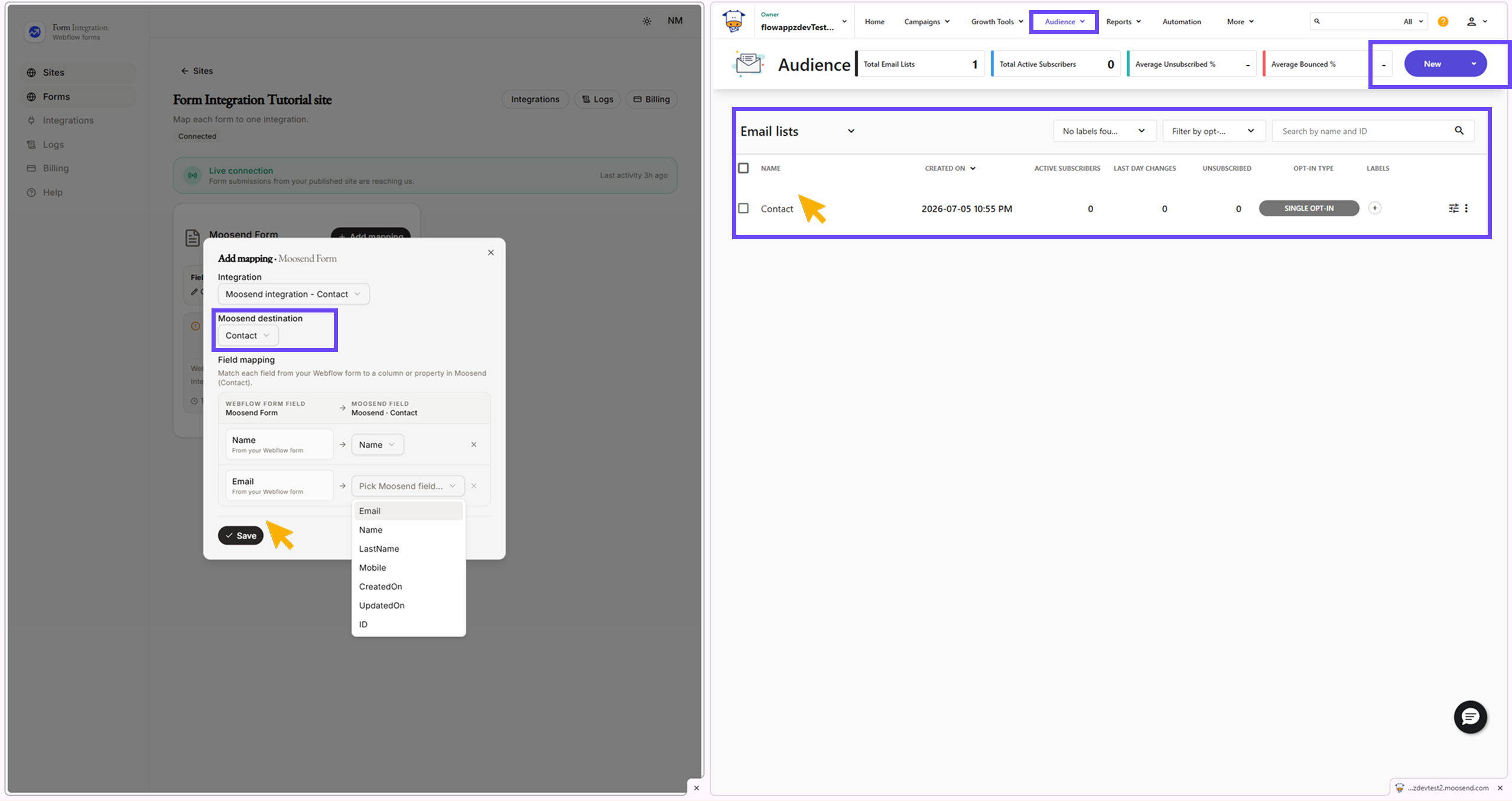Integration Moosend mapping window