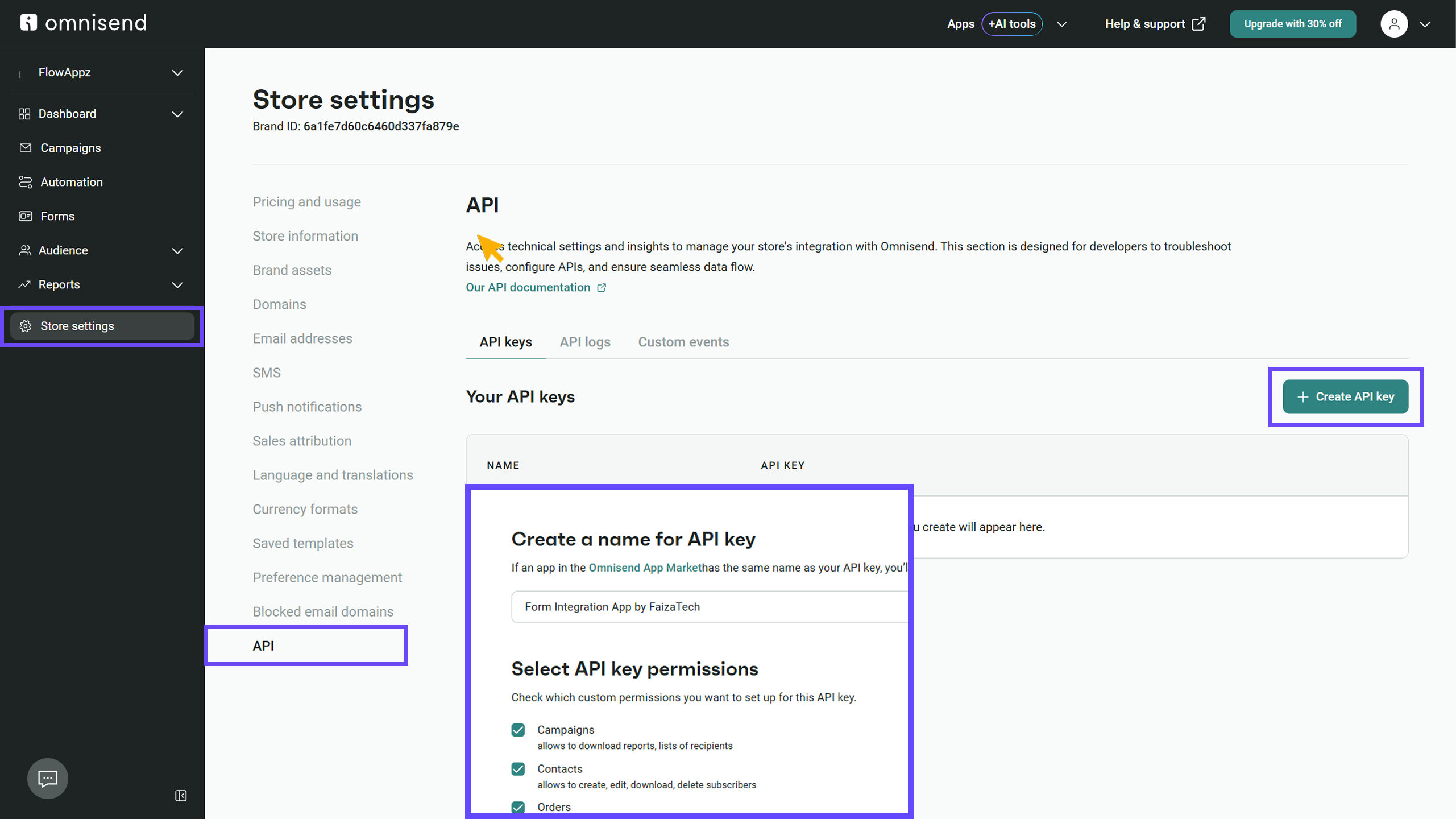 Generating an API key in Omnisend