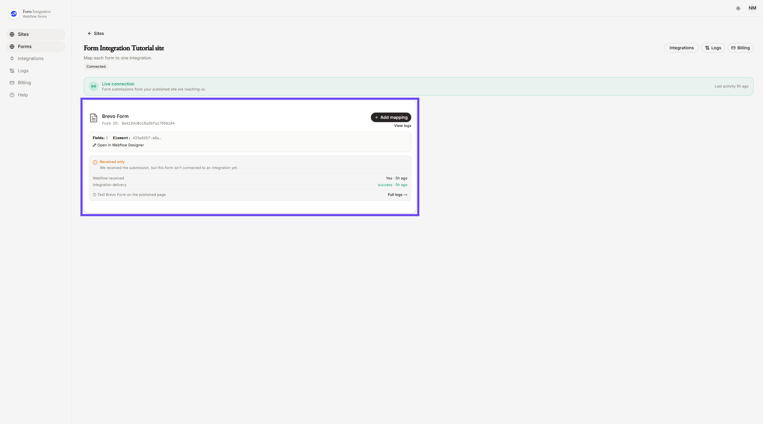 Selecting Brevo Form in App Dashboard