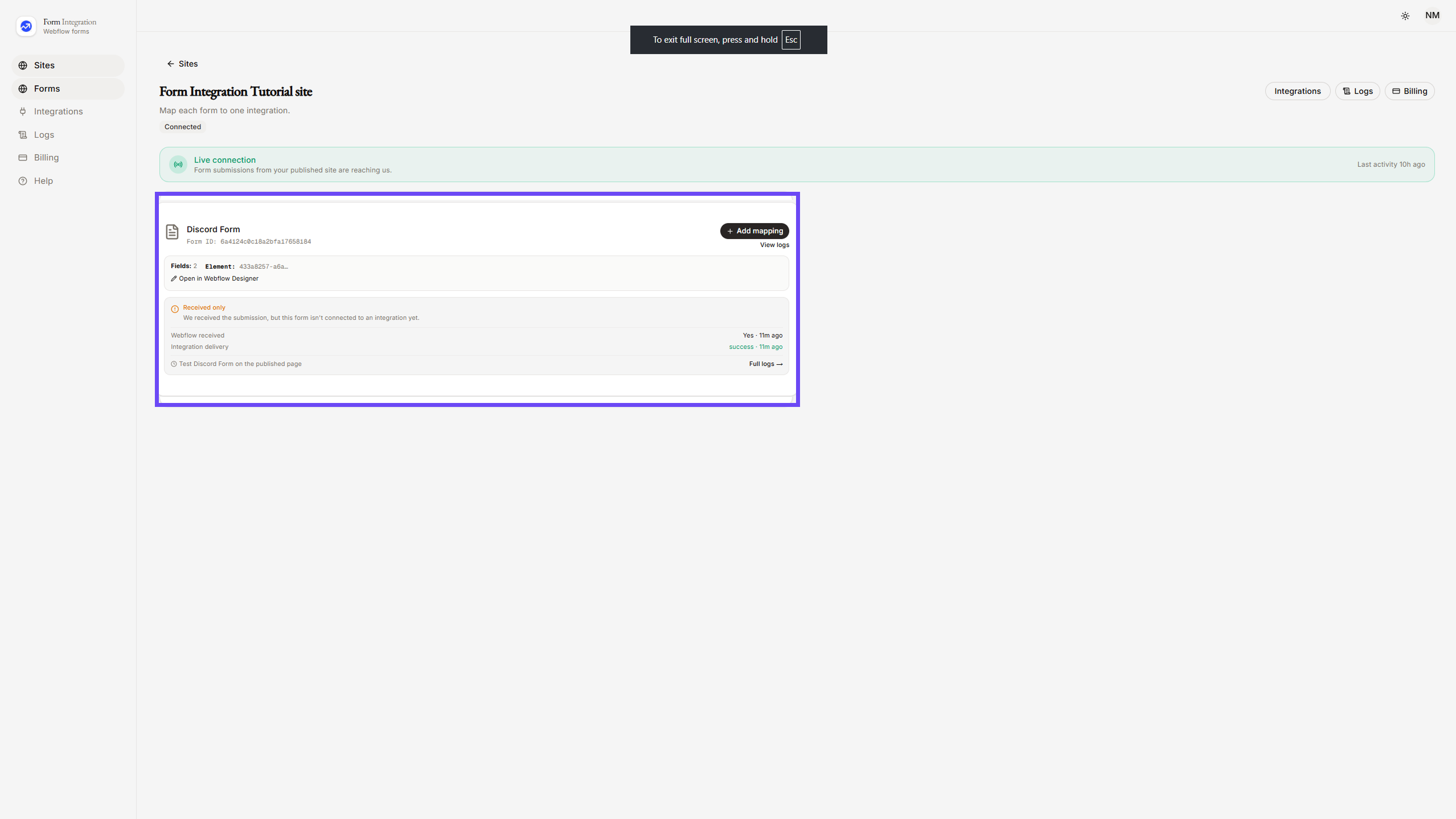 Selecting Discord Form in App Dashboard