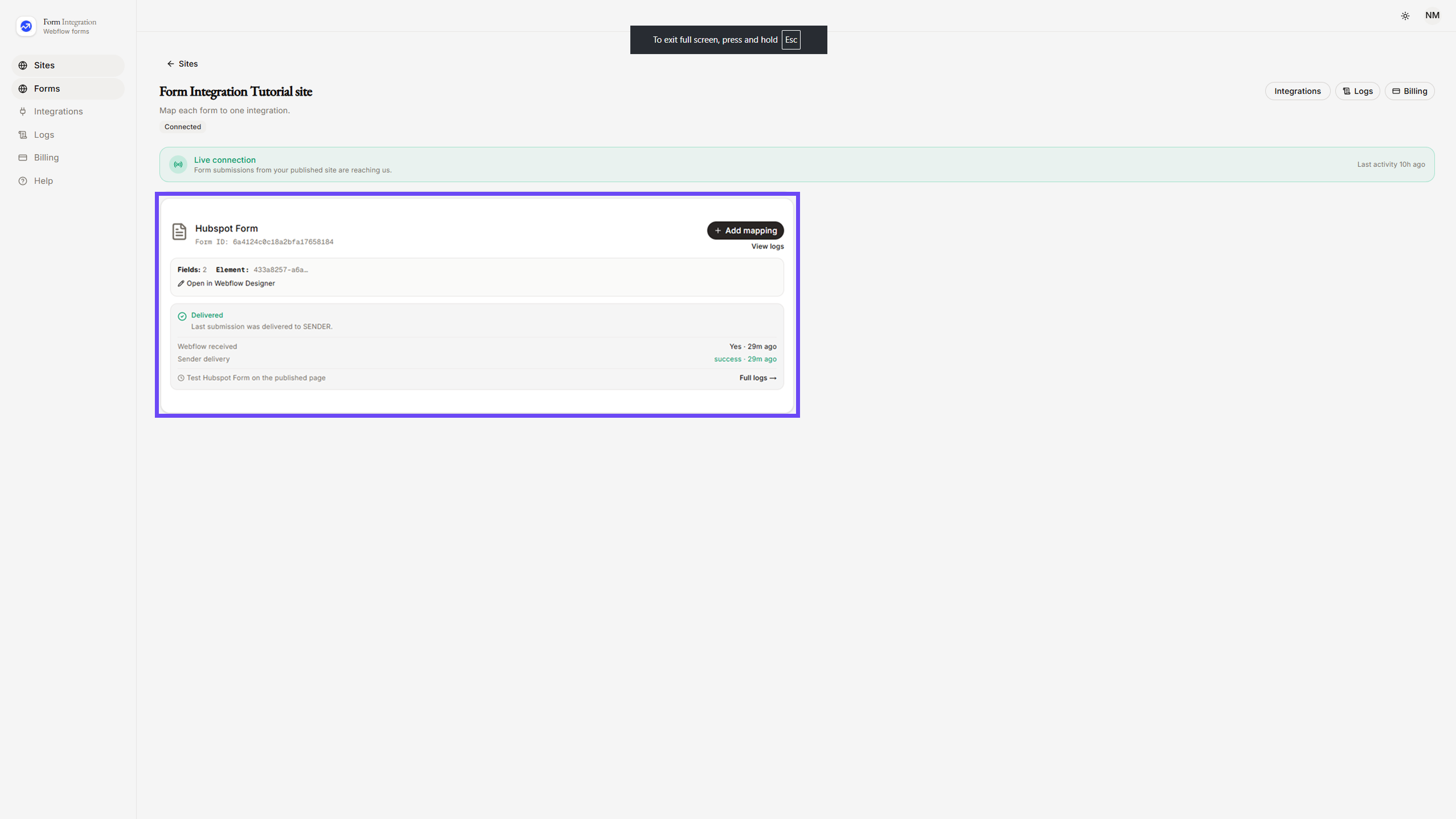 Selecting Hubspot Form in App Dashboard