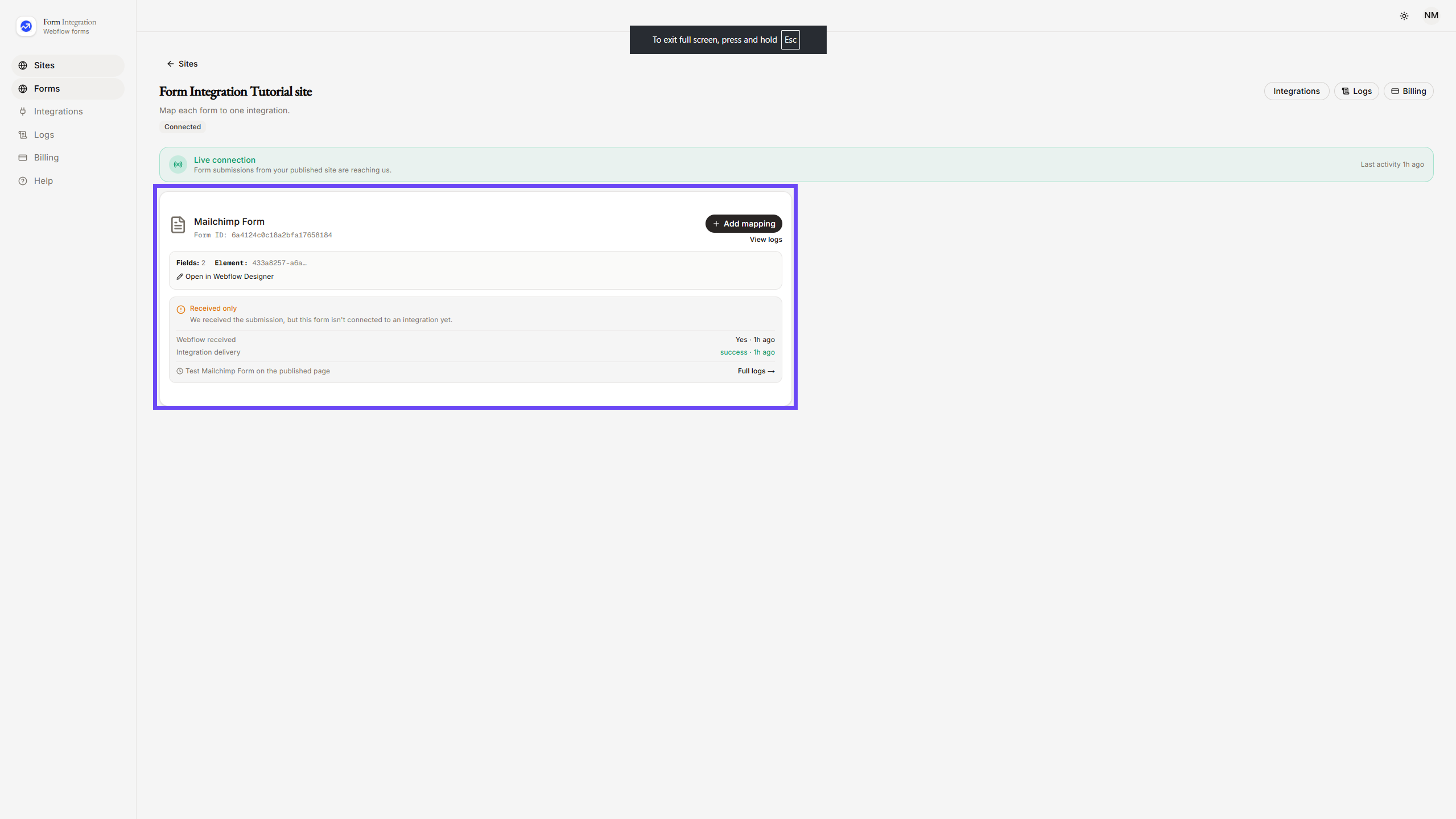Selecting Mailchimp Form in App Dashboard