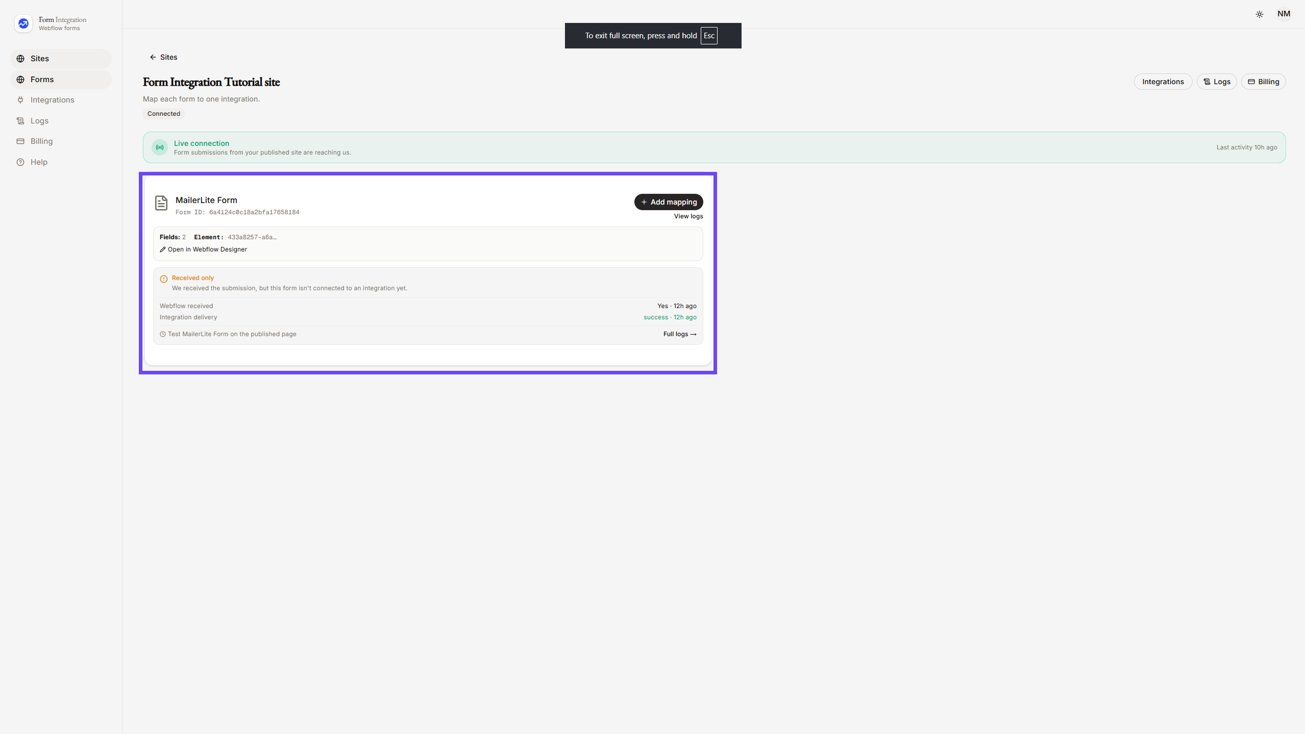 Selecting MailerLite Form in App Dashboard