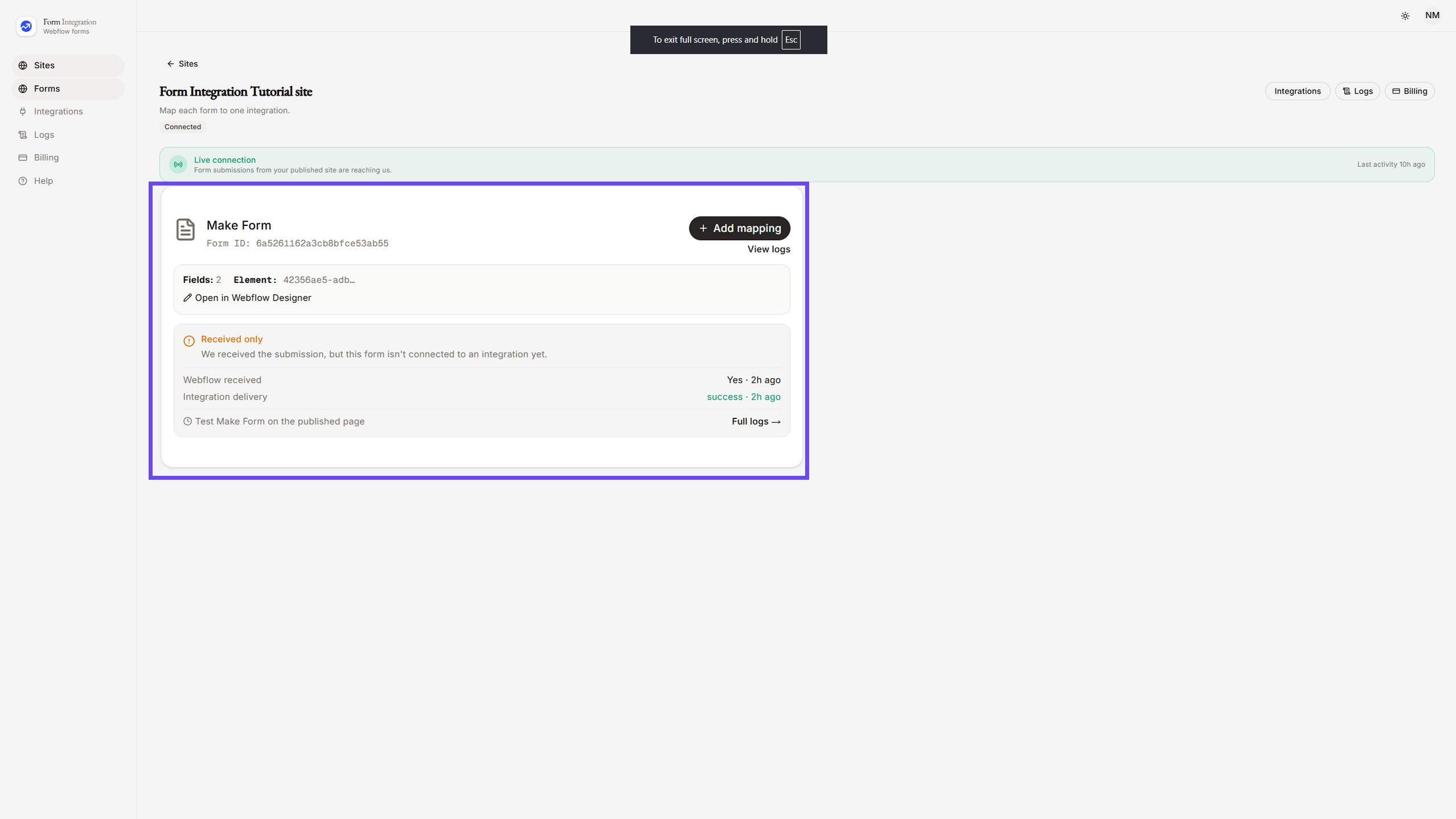 Selecting Make Form in App Dashboard