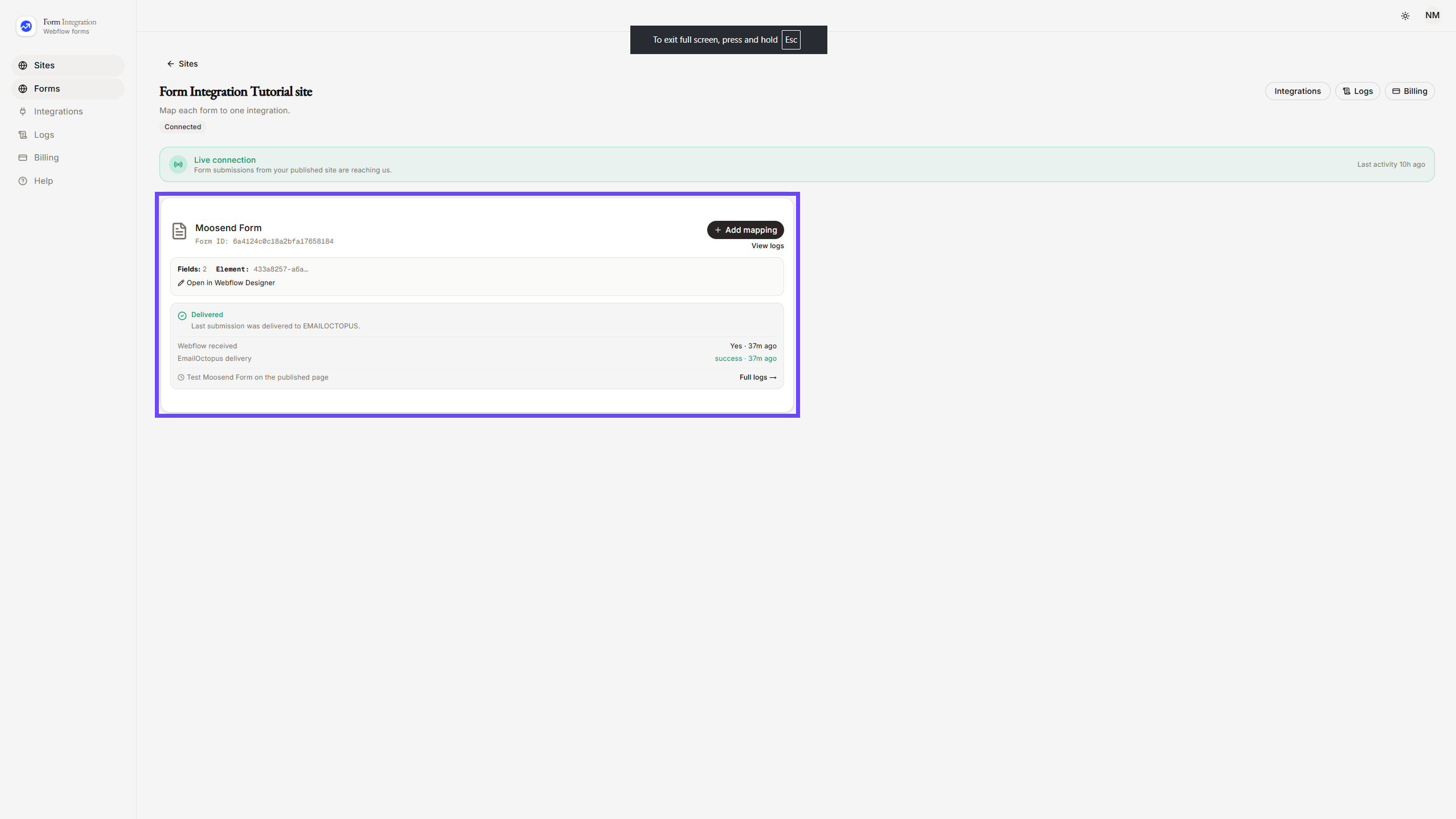 Selecting Site in App Dashboard