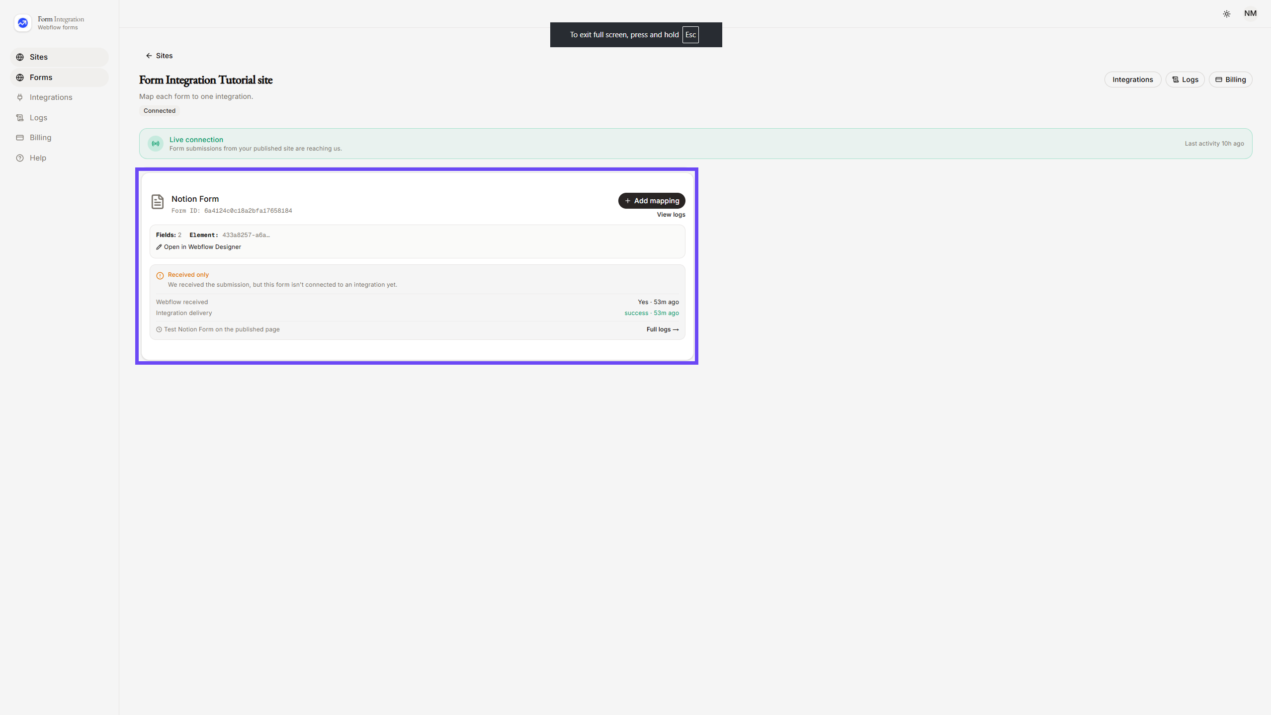 Selecting Notion Form in App Dashboard