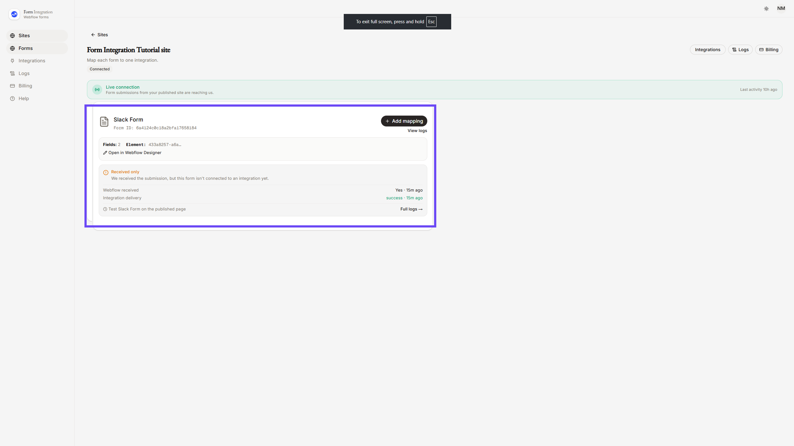 Selecting Slack Form in App Dashboard