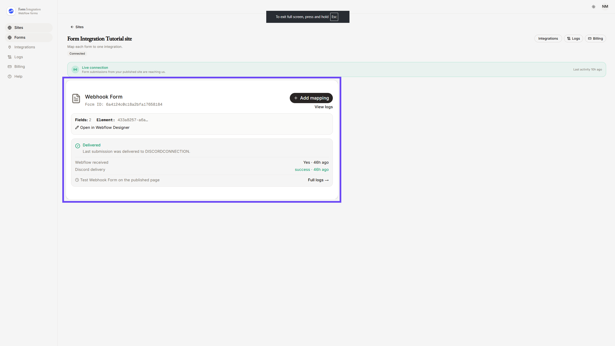 Selecting Webhook Form in App Dashboard