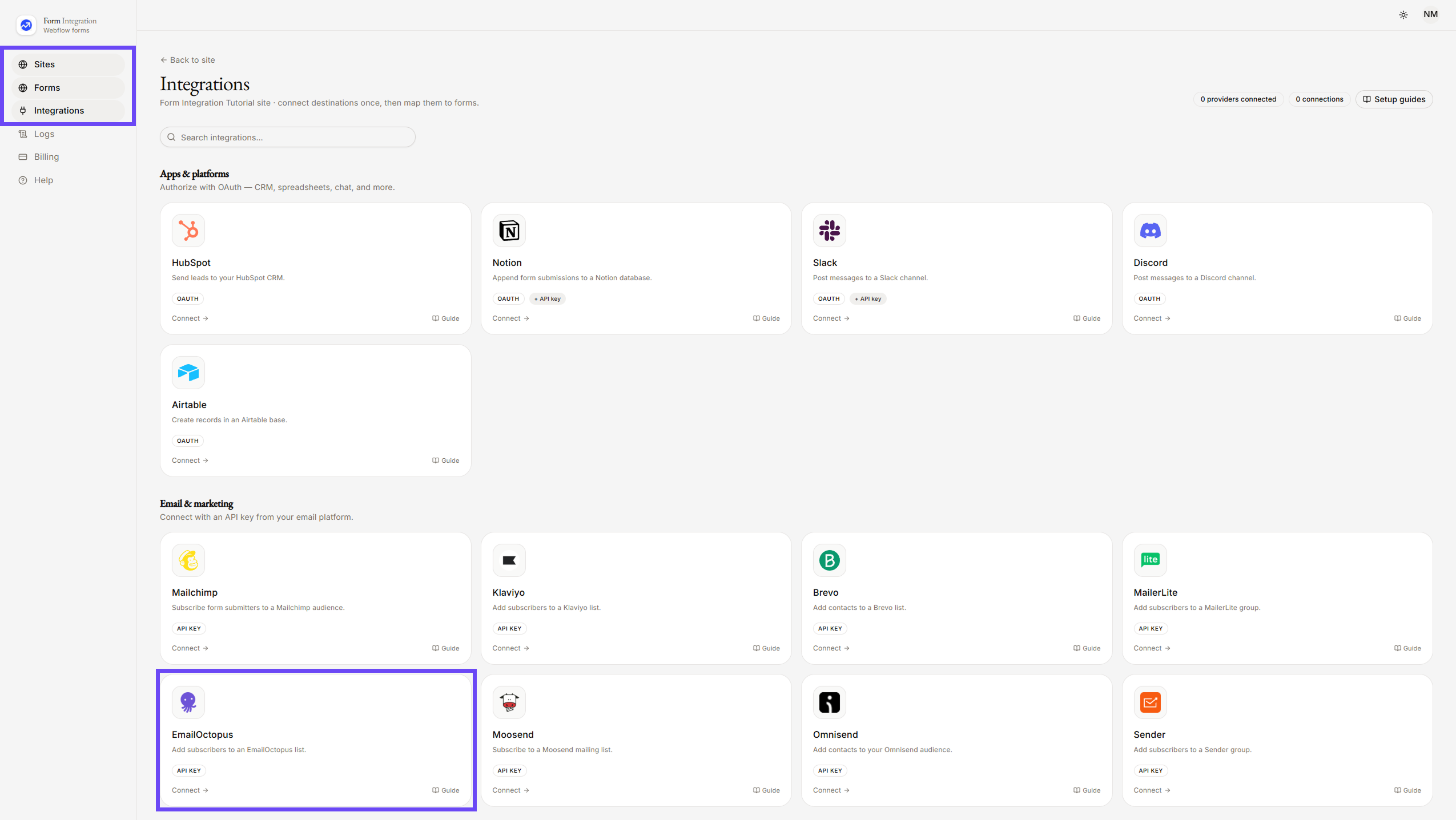 On Integration menu selecting EmailOctopus