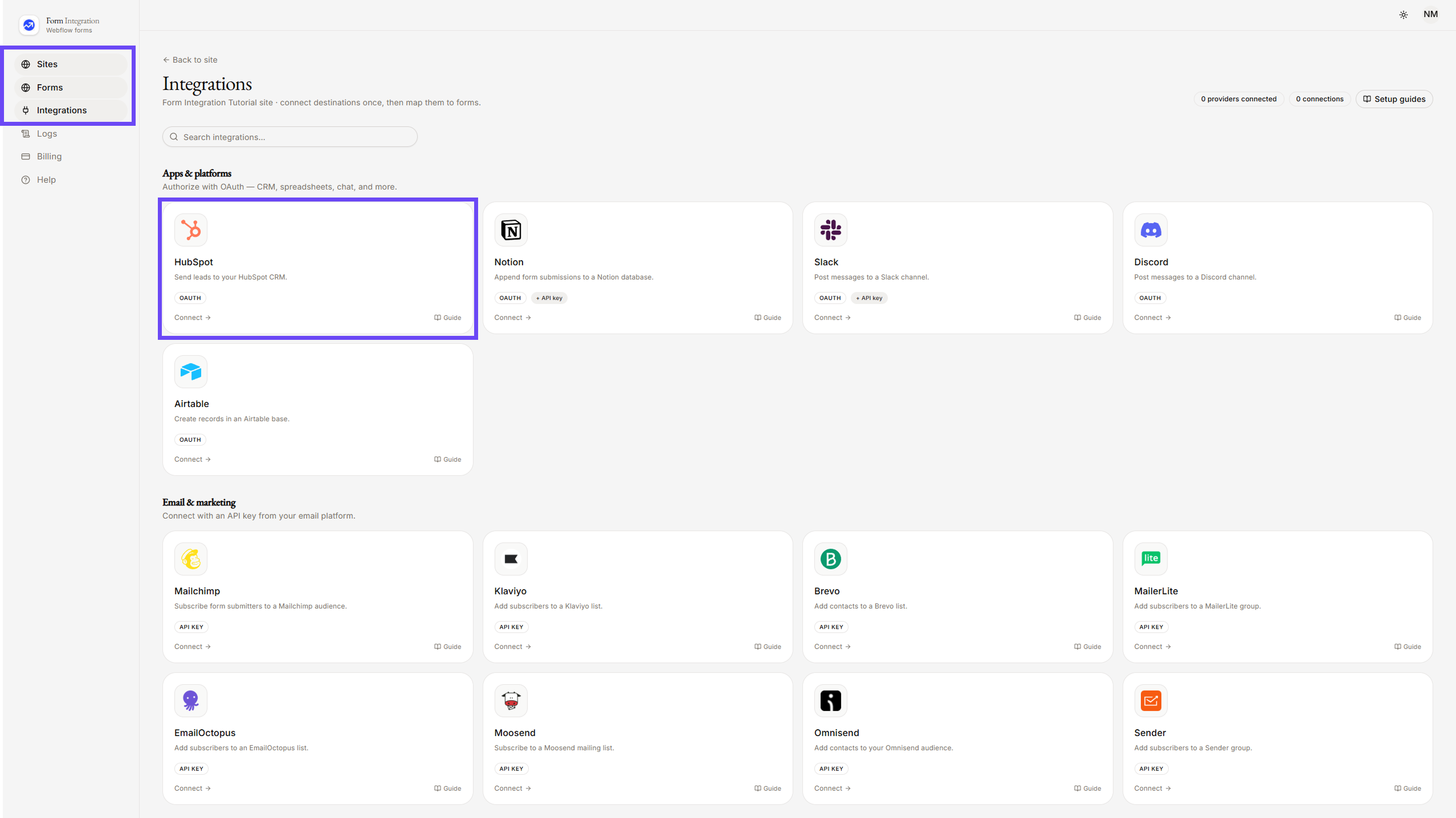 On Integration menu selecting Hubspot