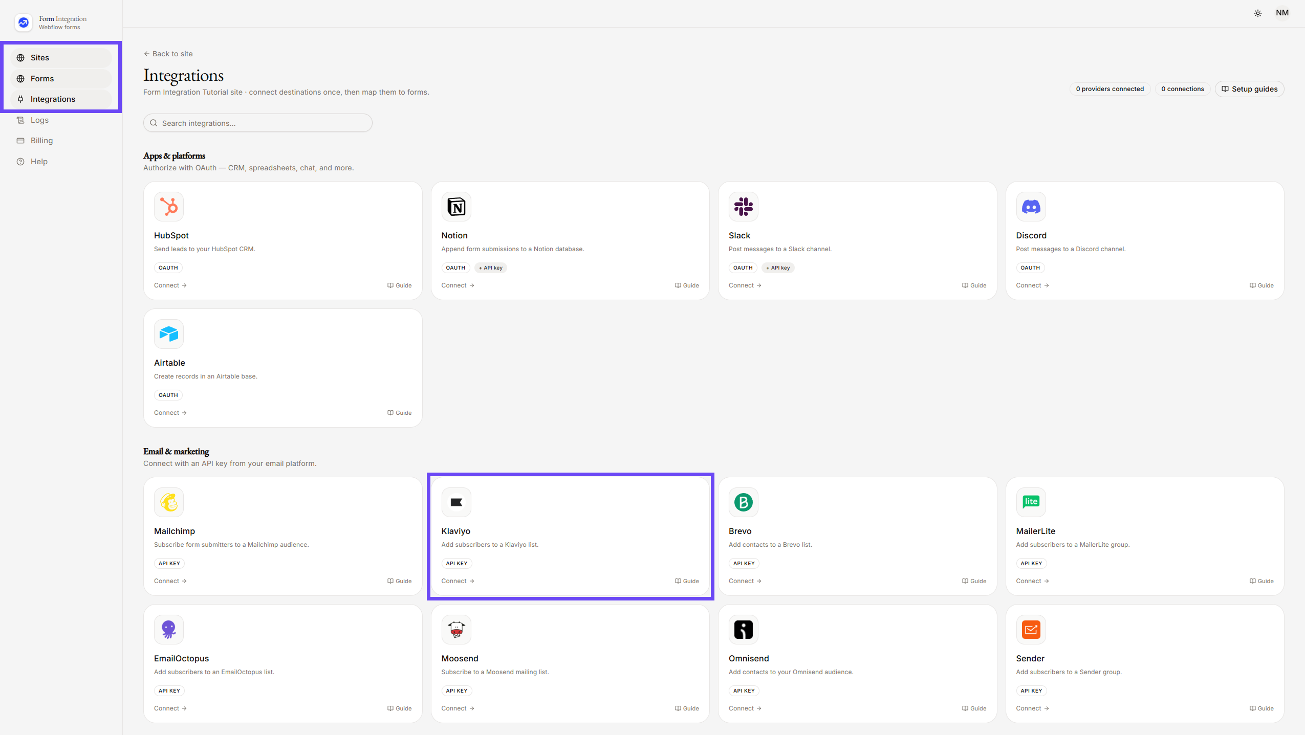 On Integration menu selecting klaviyo