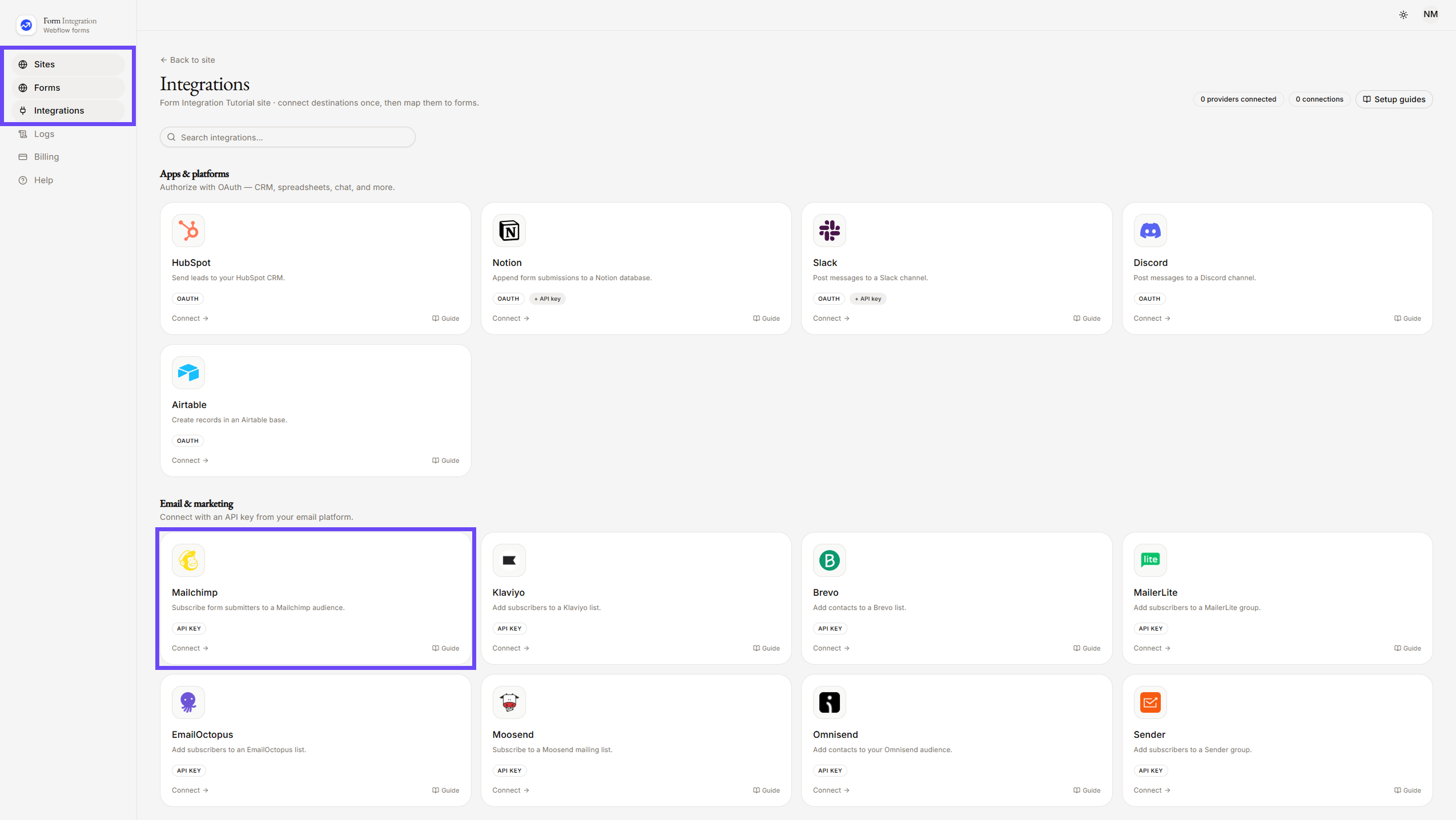 On Integration menu selecting mailchimp