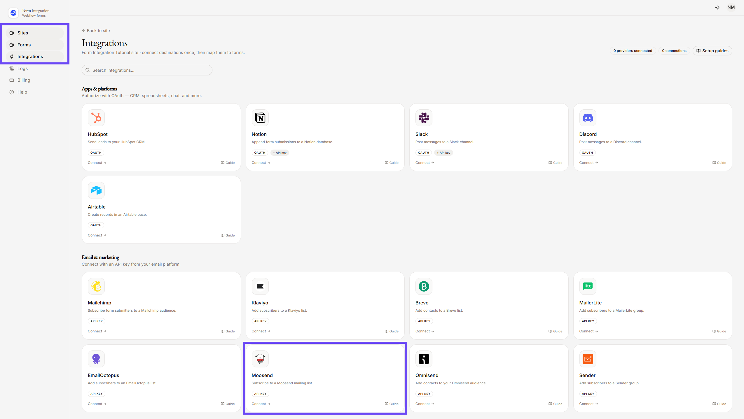 On Integration menu selecting Moosend