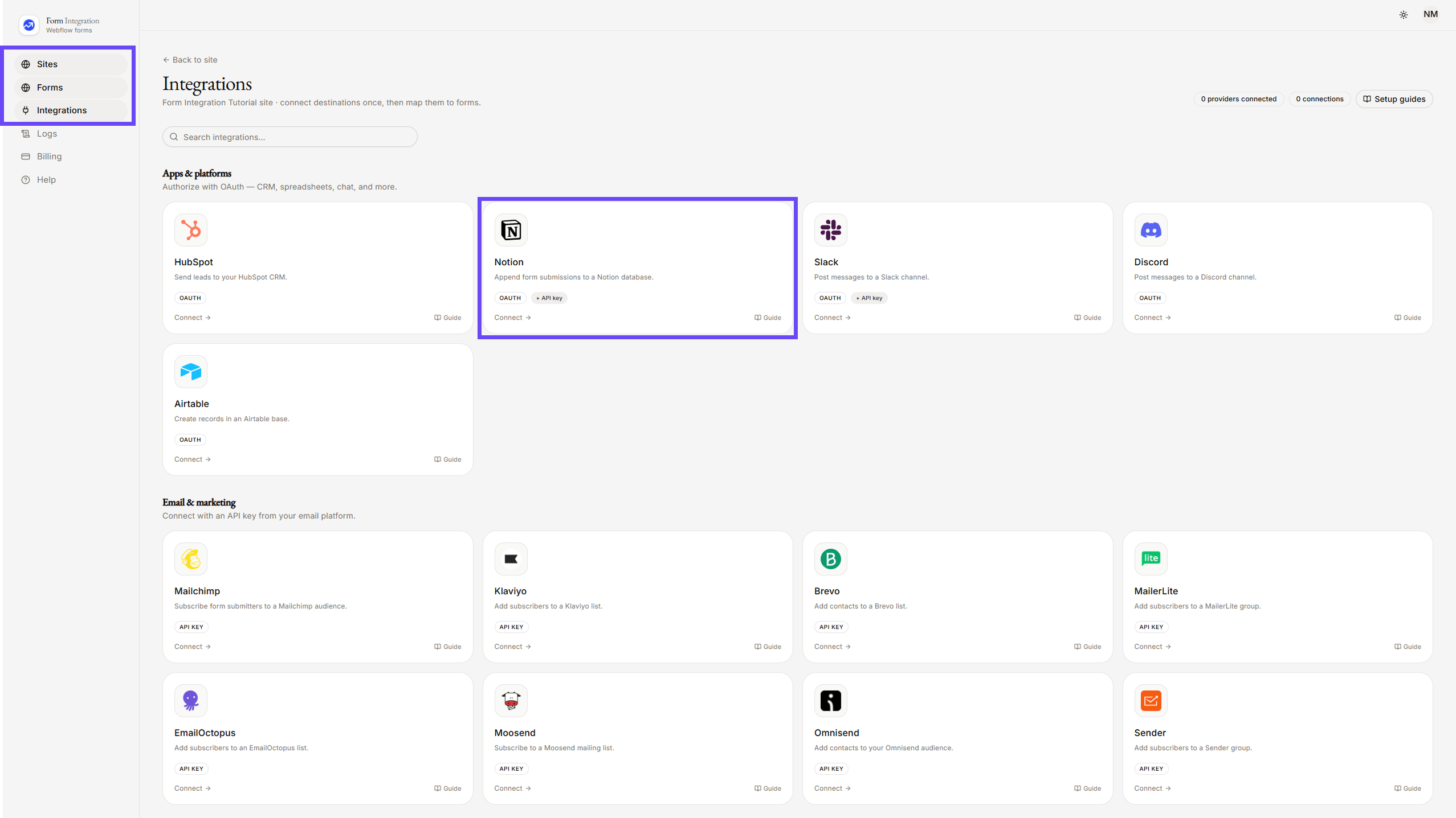 On Integration menu selecting Notion