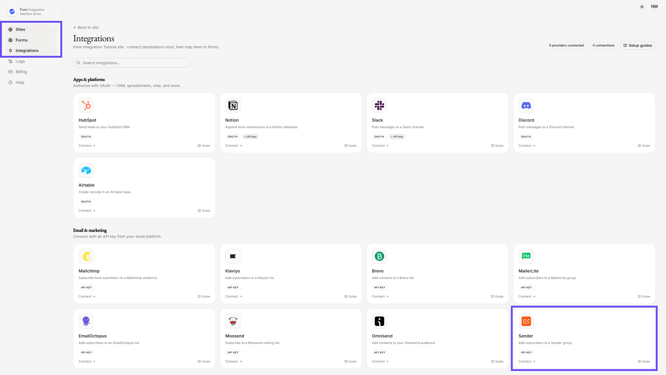 On Integration menu selecting Sender