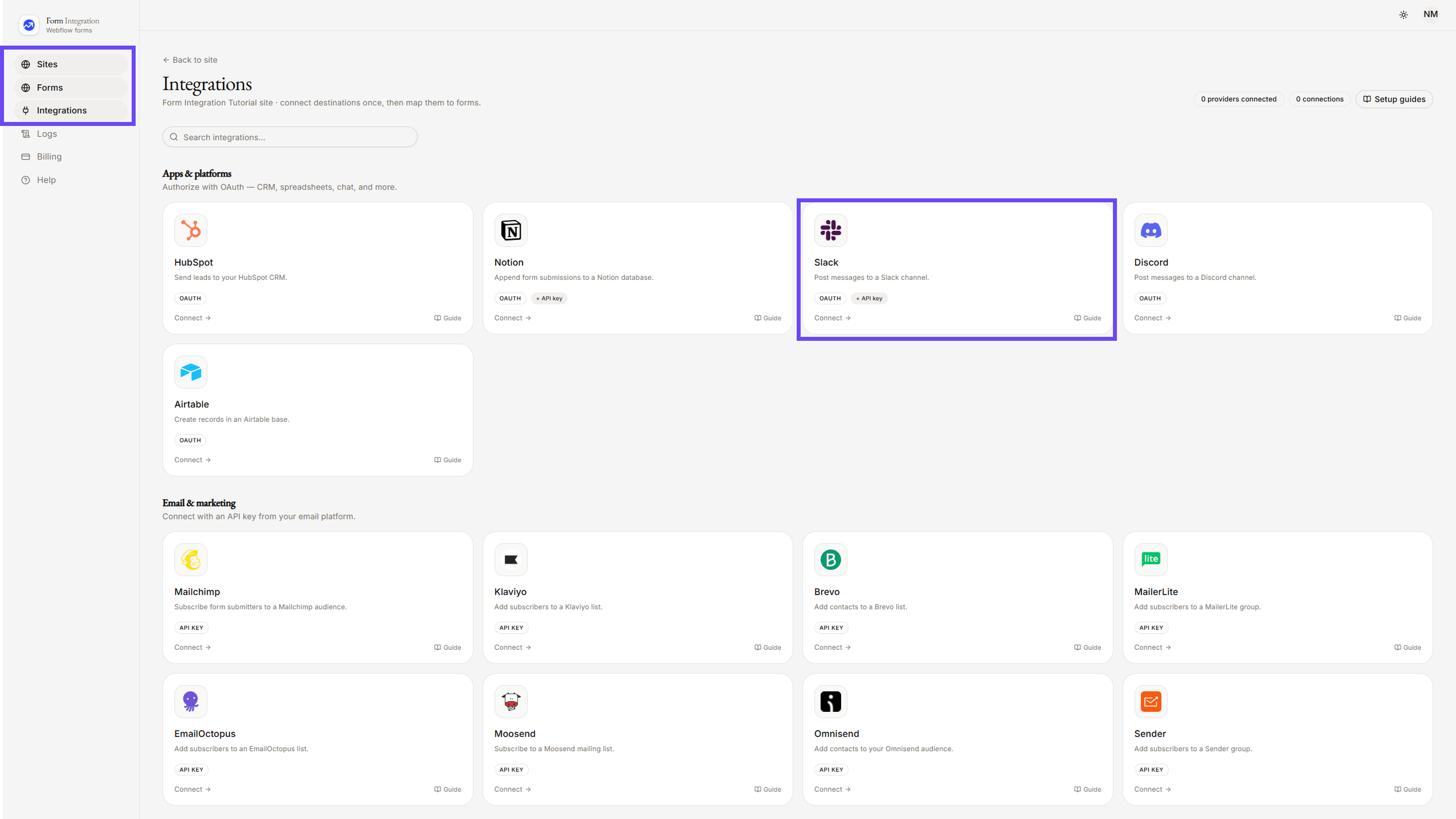 On Integration menu selecting Slack