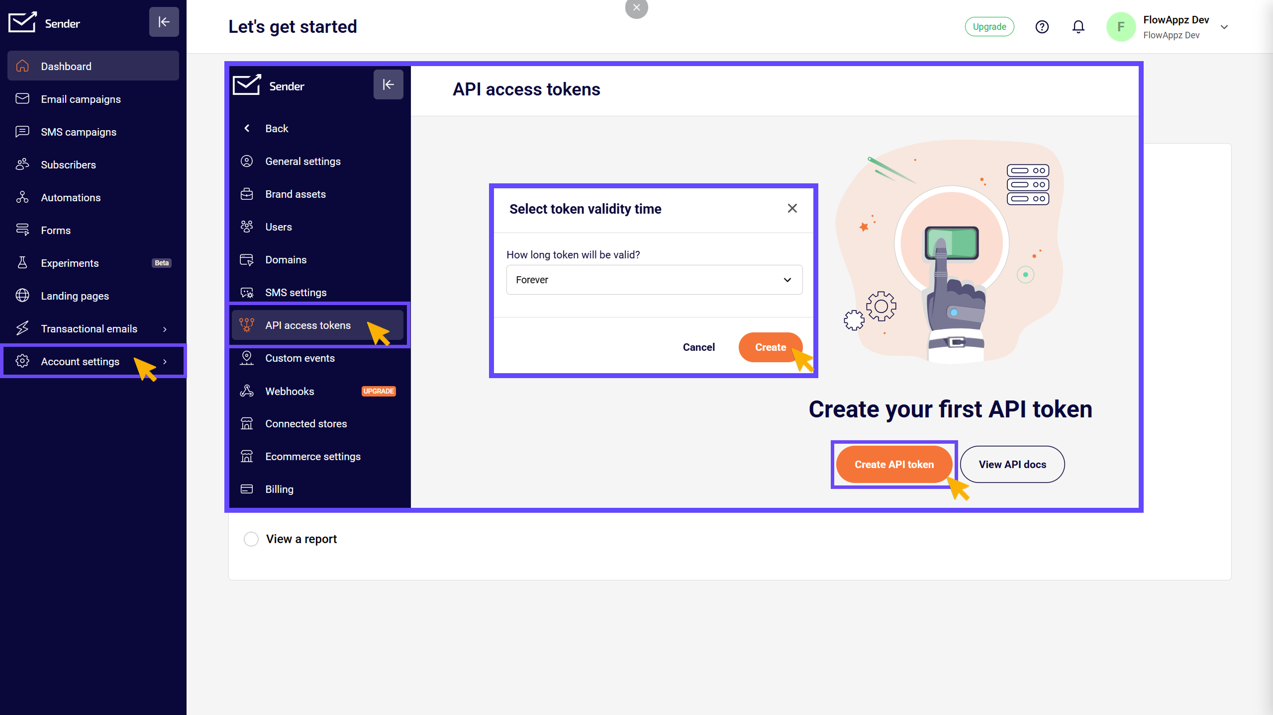 Generating an API key in Sender