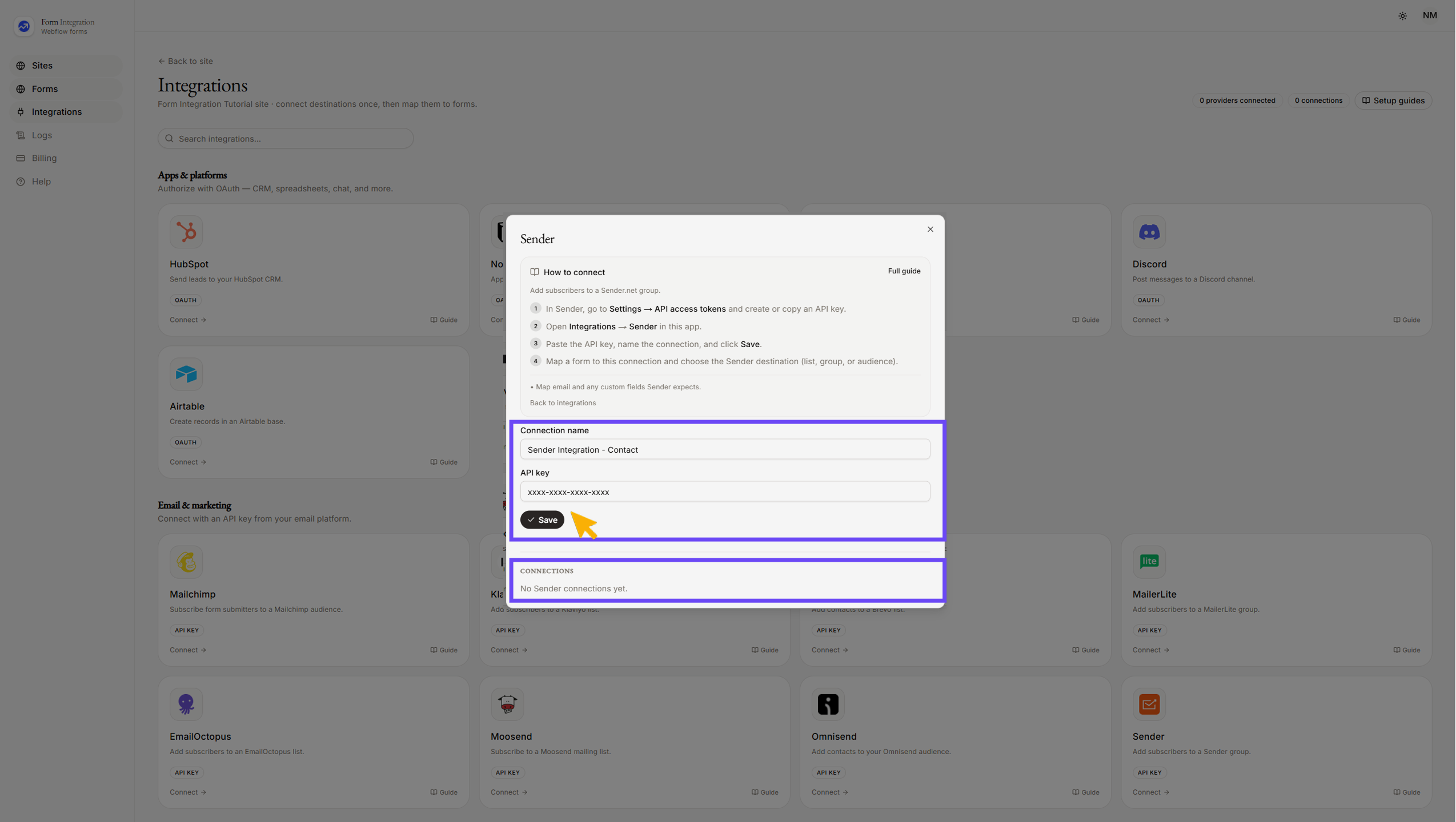 Integration Sender popup window