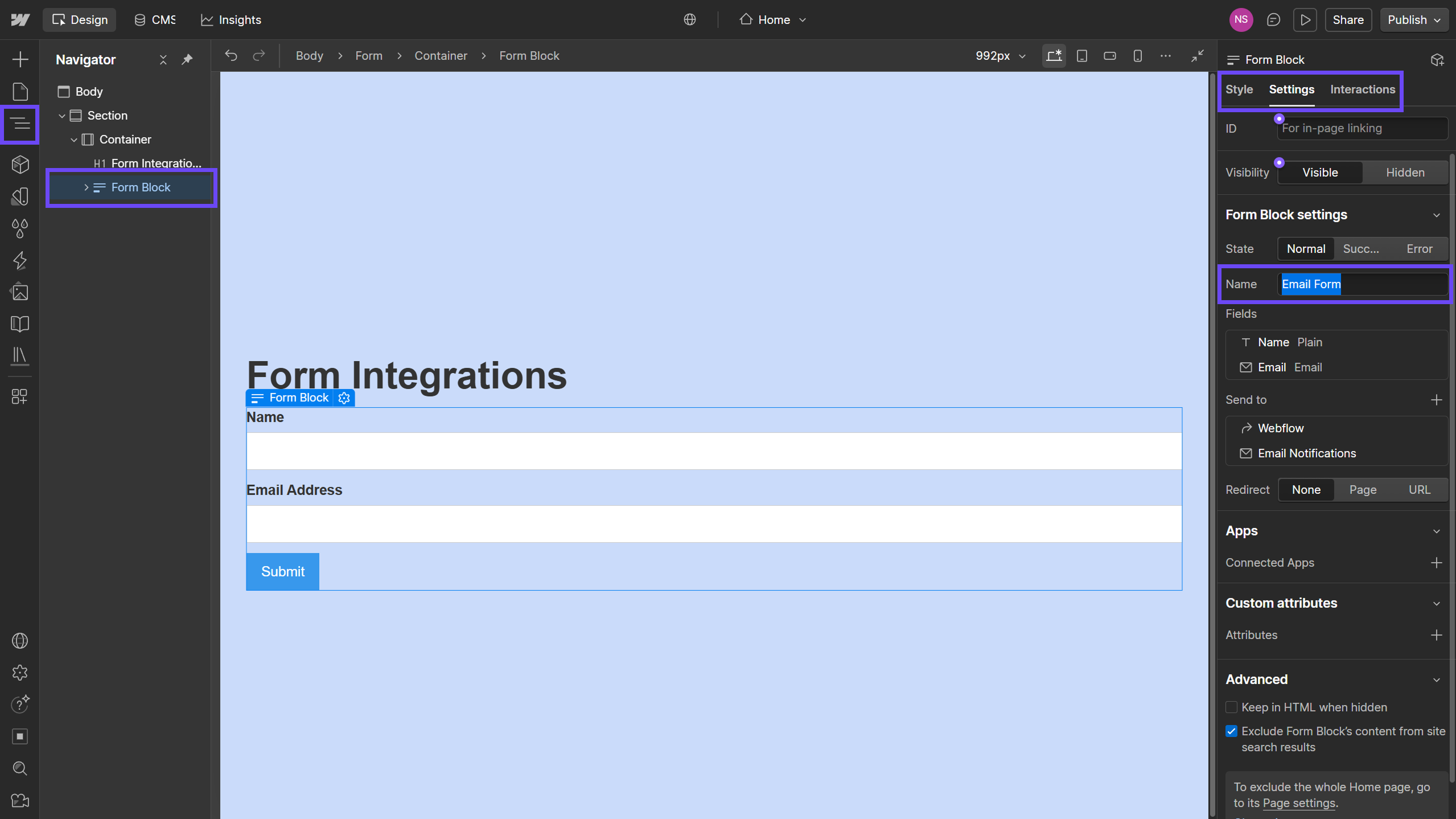 Webflow Designer showing how to change the name of a Form